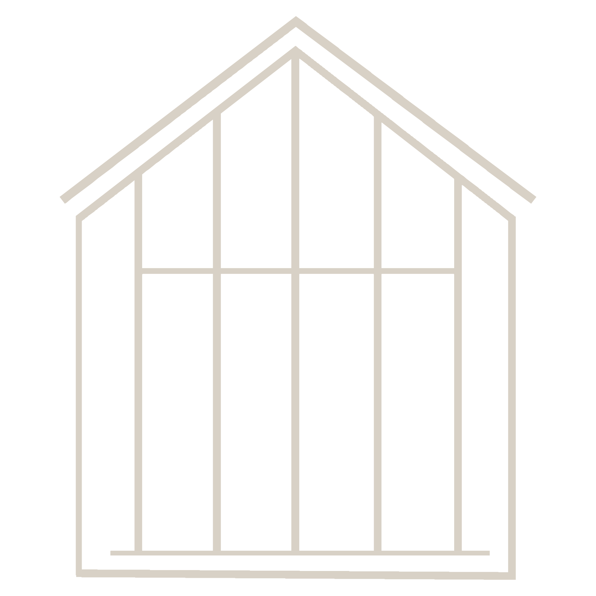 Line drawing of a greenhouse structure with a peaked roof, large glass panels, and a door, in a minimalist style.