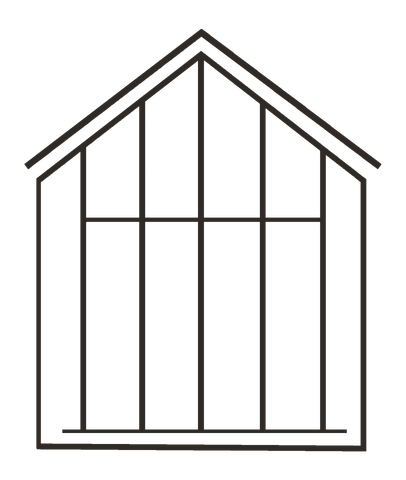 Outline of a house or greenhouse structure with a peaked roof and vertical framing beams.