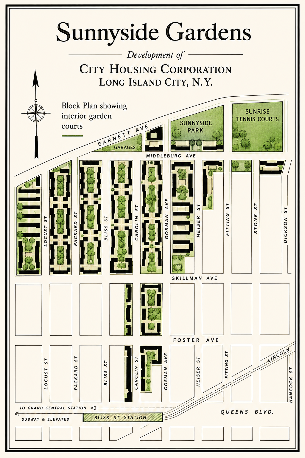 Historic City Housing Corporation block plan showing the interior garden courts of Sunnyside Gardens