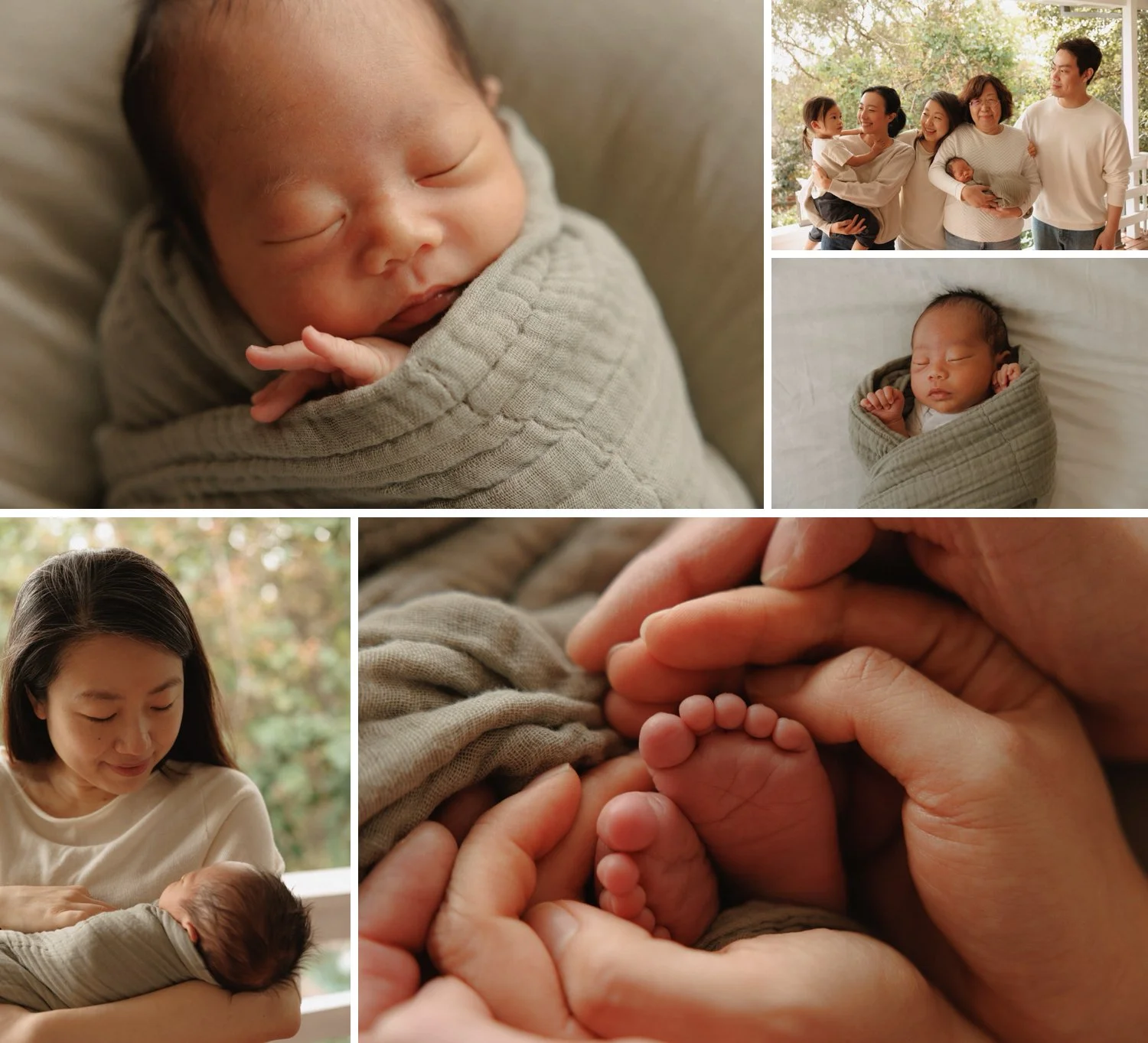 Natural newborn photography in Sydney — baby peacefully wrapped in a neutral swaddle with family at home, capturing relaxed, heartfelt moments and the tender connection of early parenthood.