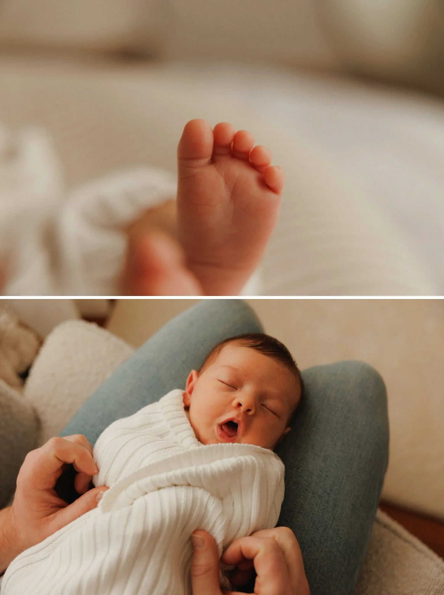 Natural newborn photography in Sydney — baby wrapped in a white blanket resting on a parent’s lap with tiny toes in focus, captured in soft natural light during a relaxed in-home session.