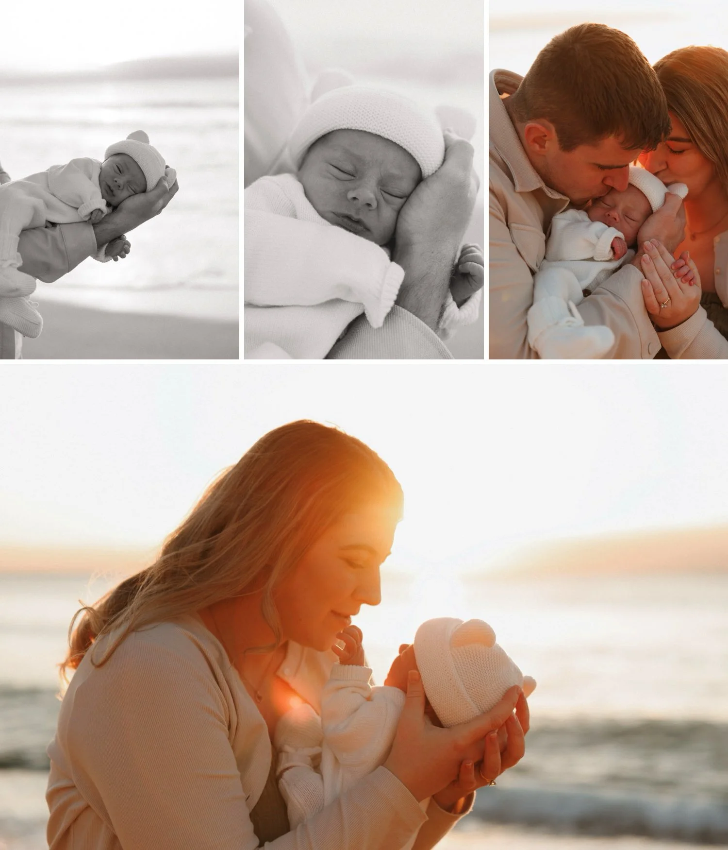 Natural newborn photography at sunrise in Sydney — baby wrapped in a cosy white outfit held by parents on the beach, capturing soft golden light and heartfelt family connection.