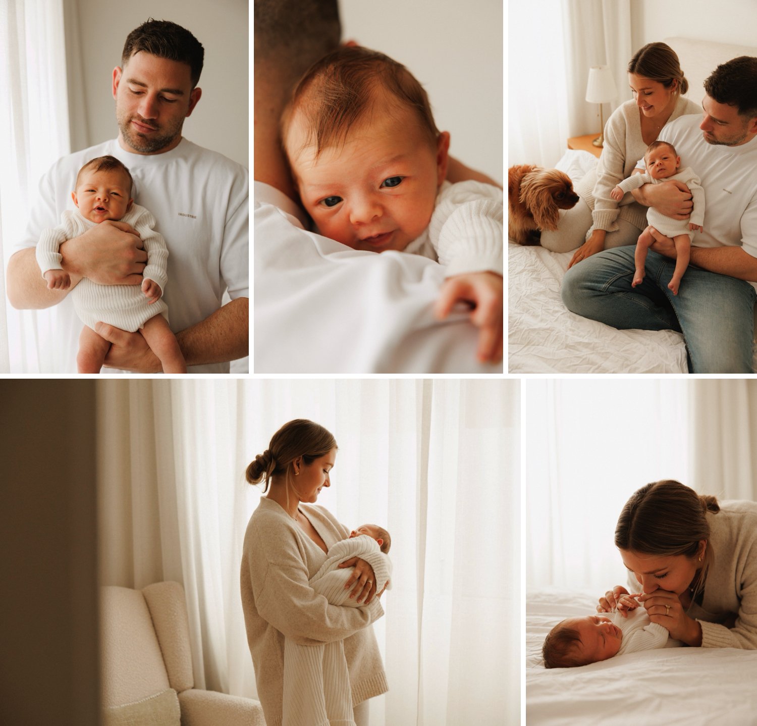 Natural in-home newborn photography in Sydney — baby held by parents in soft natural light with relaxed, candid family moments and gentle connection captured in a cosy, neutral setting
