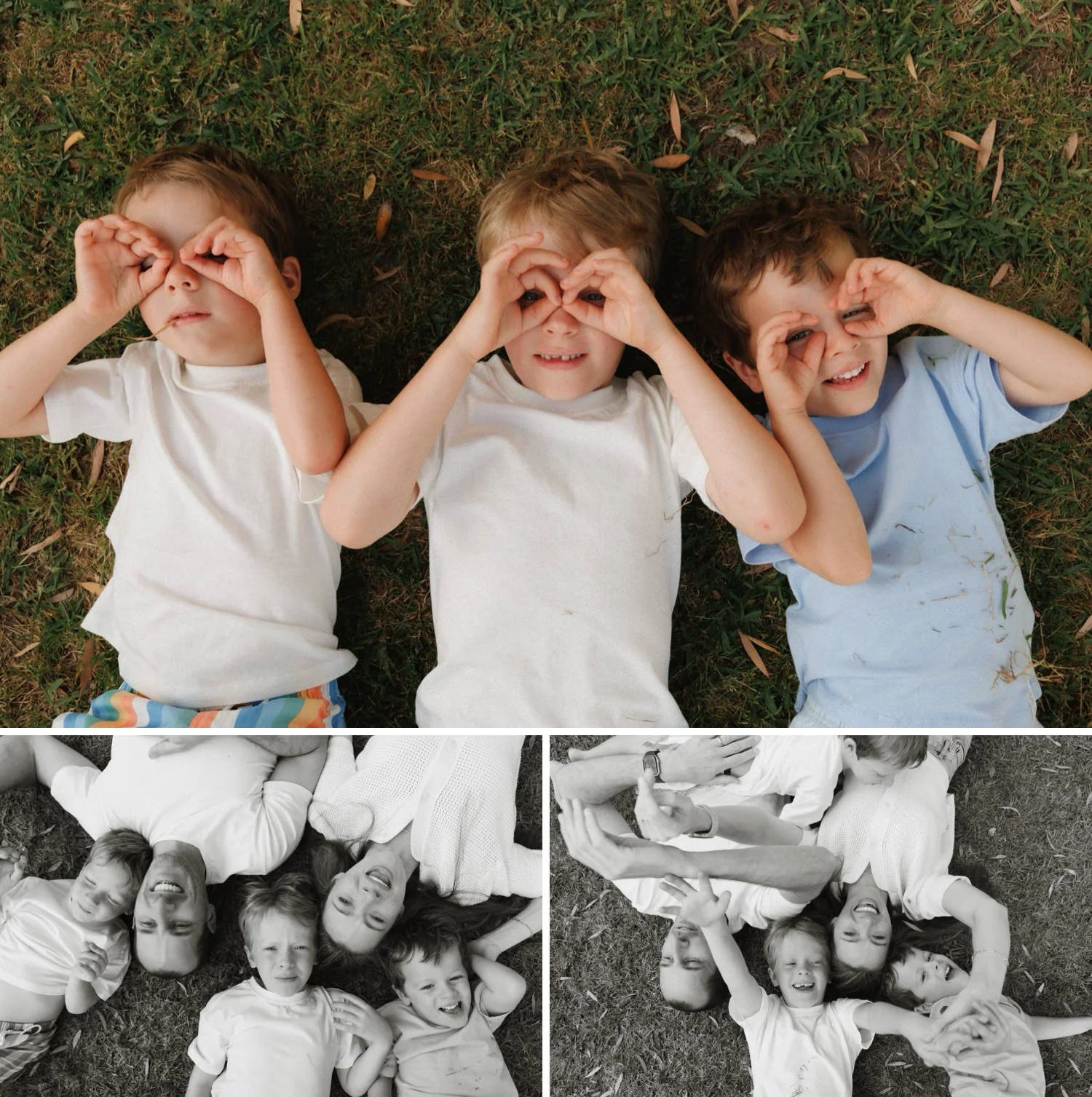 Three young boys lying on the grass making playful hand binoculars, with family laughing and cuddling together outdoors during a relaxed at-home photo session in Sydney.