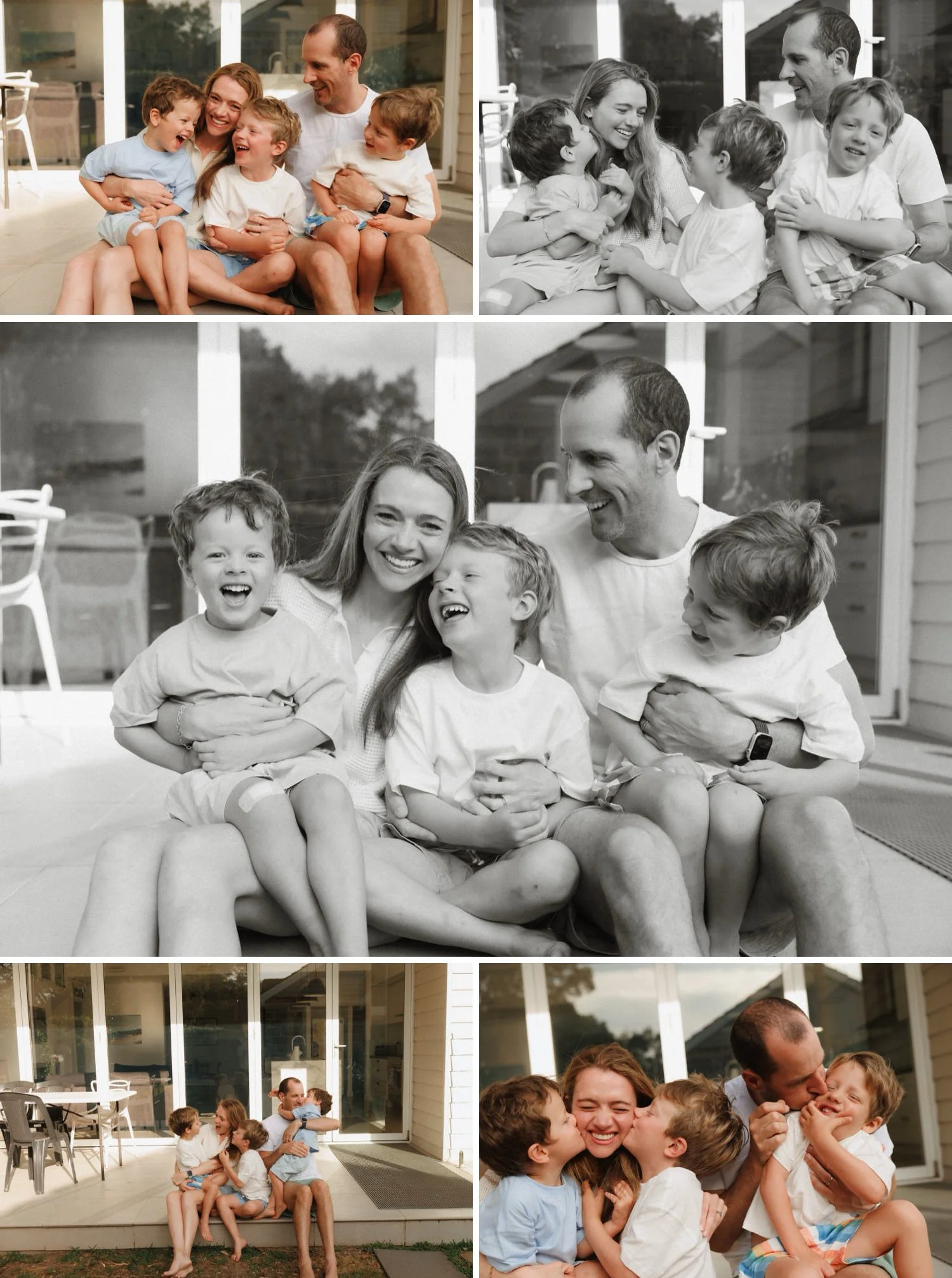 Happy family of five laughing and cuddling together on their Sydney home patio during a relaxed lifestyle photography session.