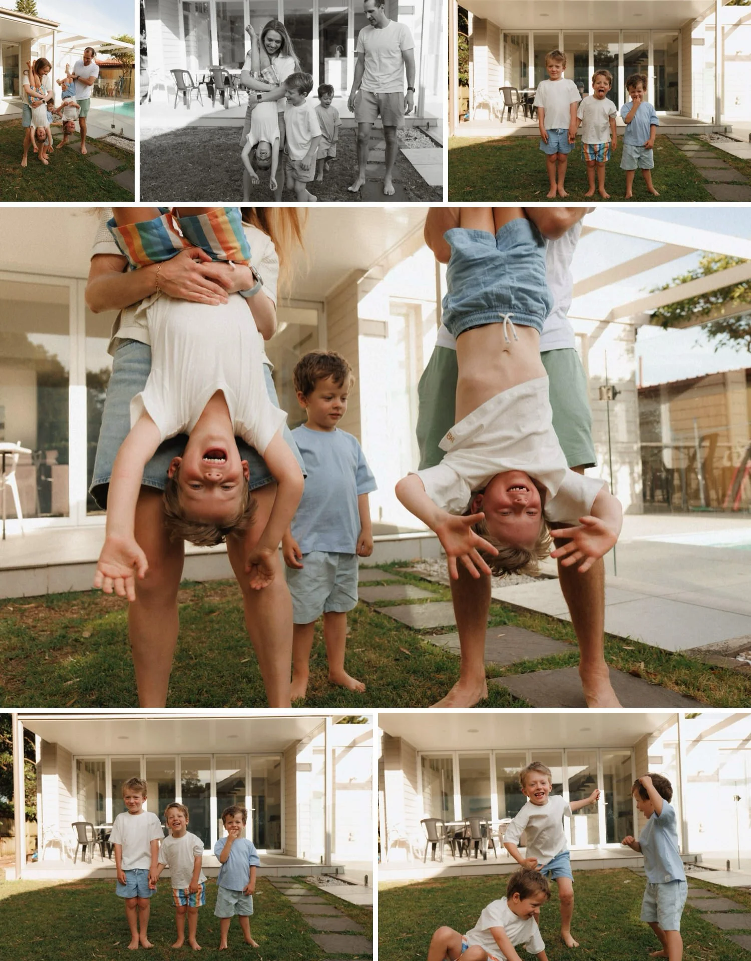 Three young boys playing and laughing in their Sydney backyard with parents during a fun, candid family photography session at home