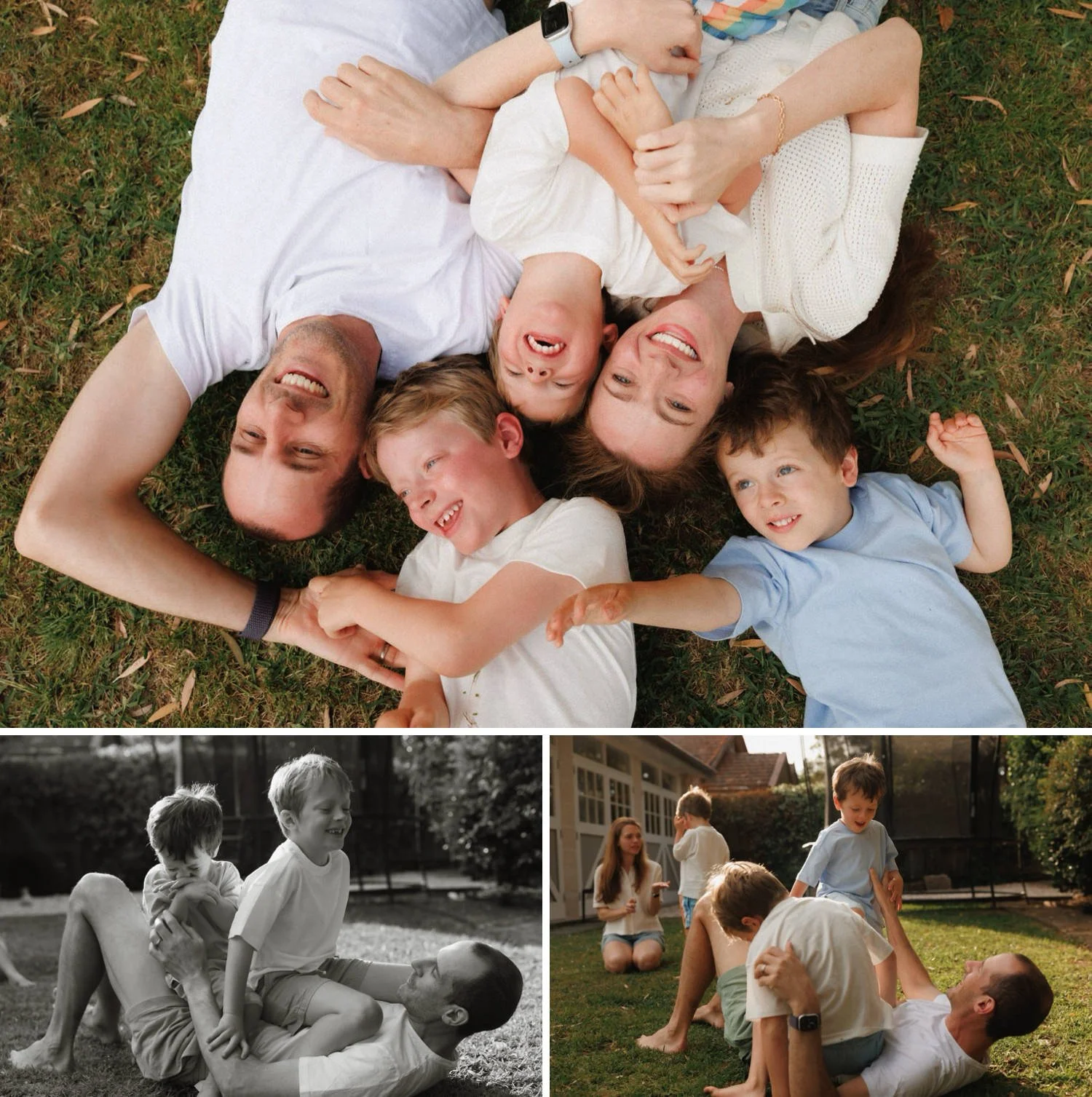 Family of five lying on the grass laughing together during a relaxed backyard photo session in Sydney.