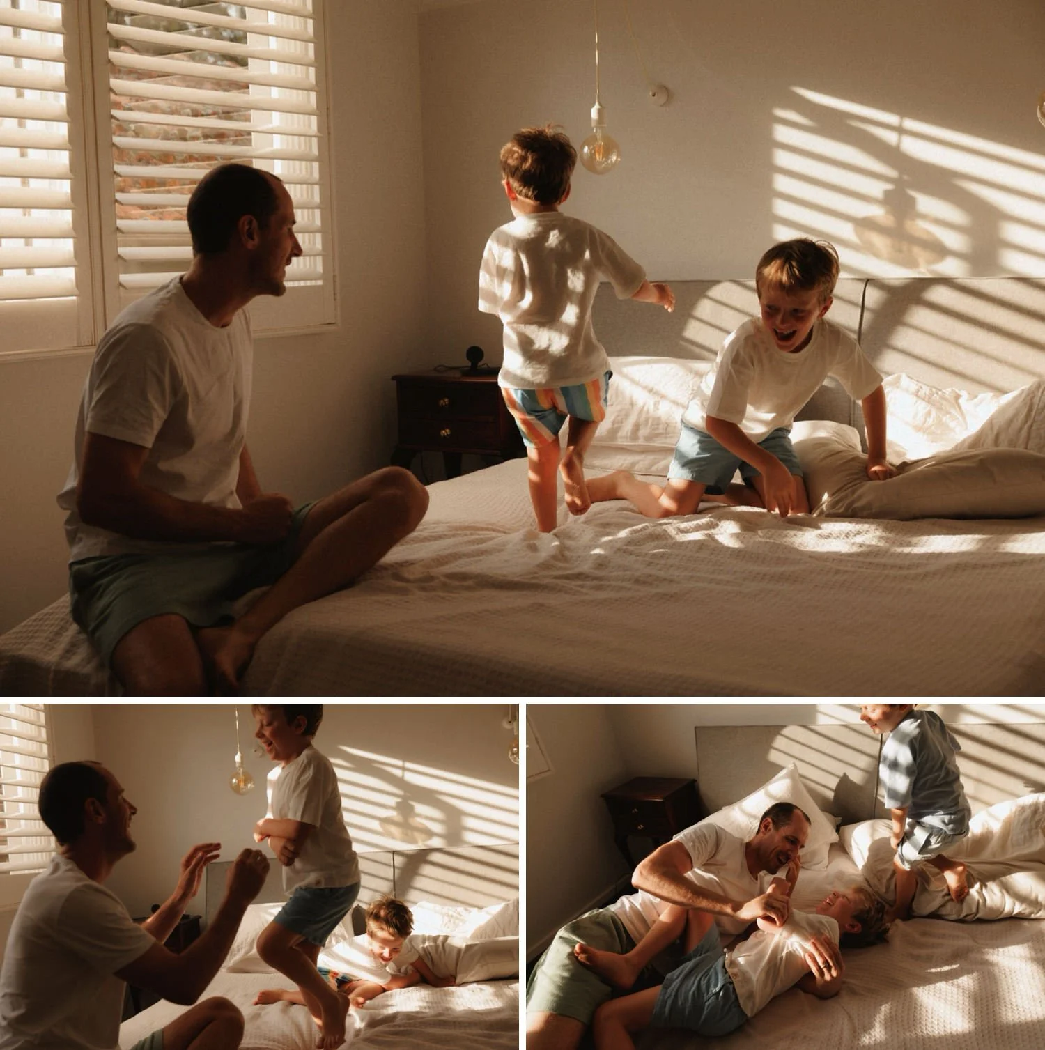Young boys jumping and playing on the bed with their dad in warm afternoon light during a Sydney in-home lifestyle session.