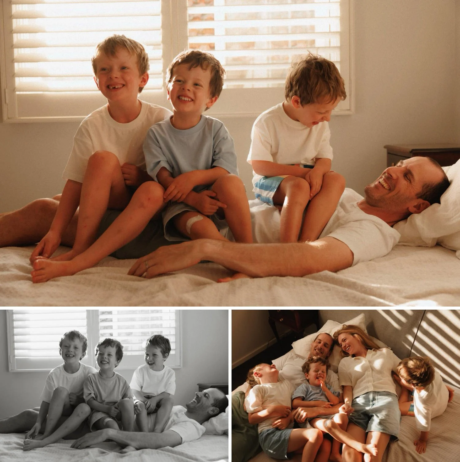 Three young boys sitting and laughing with their dad on the bed during a candid Sydney family photography session.