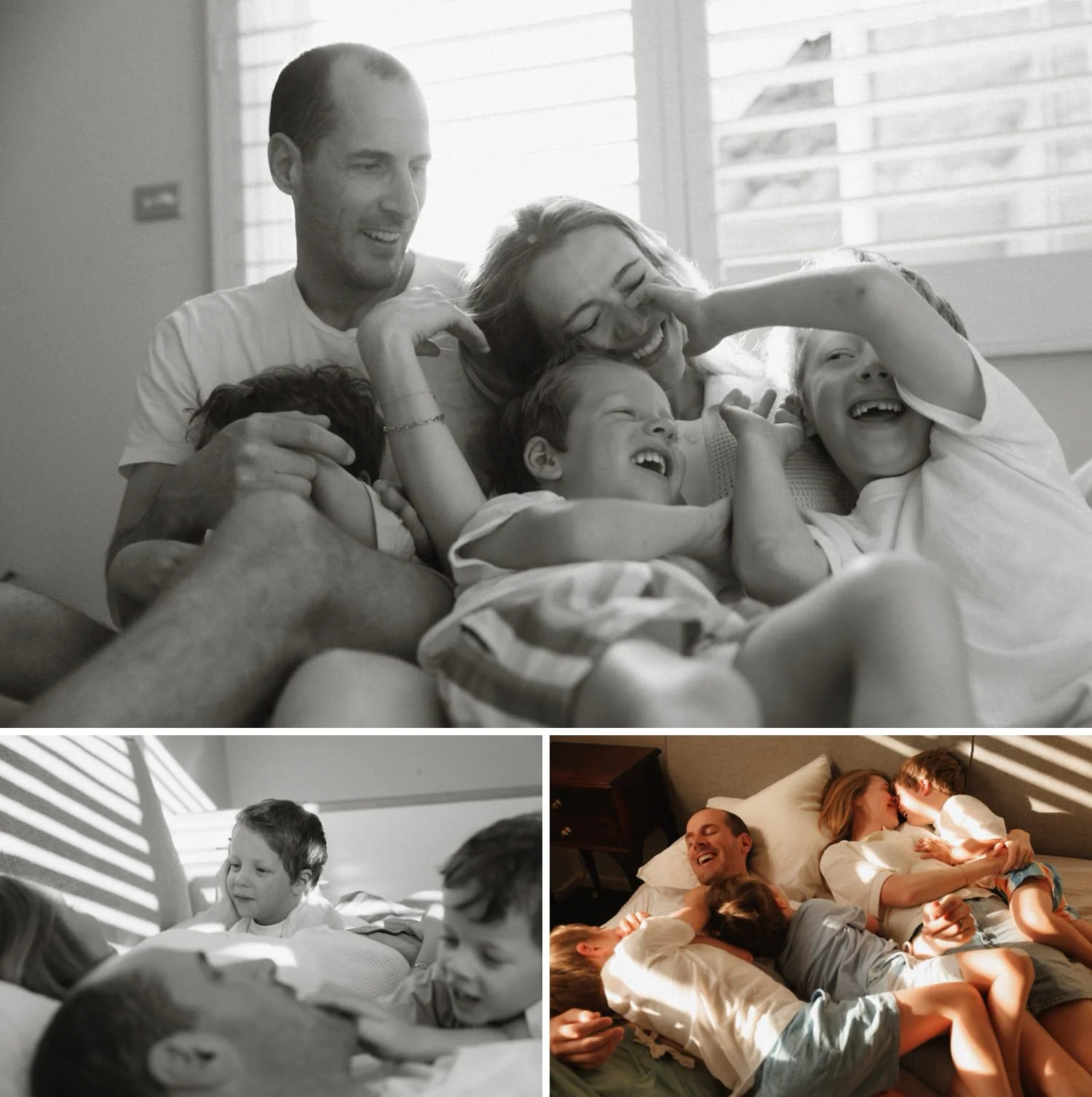 Parents and children cuddling and laughing together in bed, enjoying a cosy morning at home in Sydney.