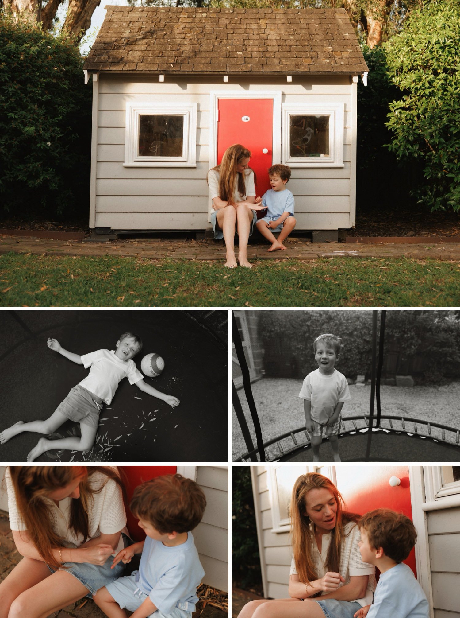 Young boy lying on a trampoline smiling after playtime in the backyard during a Sydney family photo session.