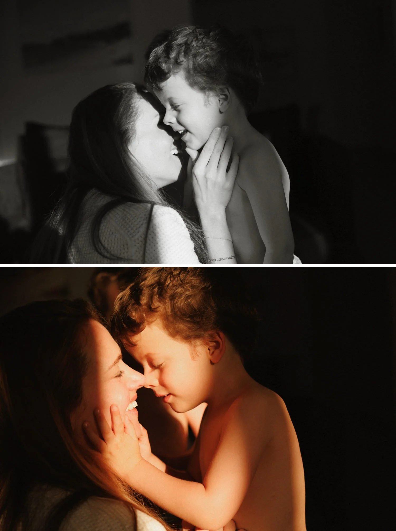 Mother and son laughing and sharing a tender moment in warm light during an in-home Sydney family photography session.
