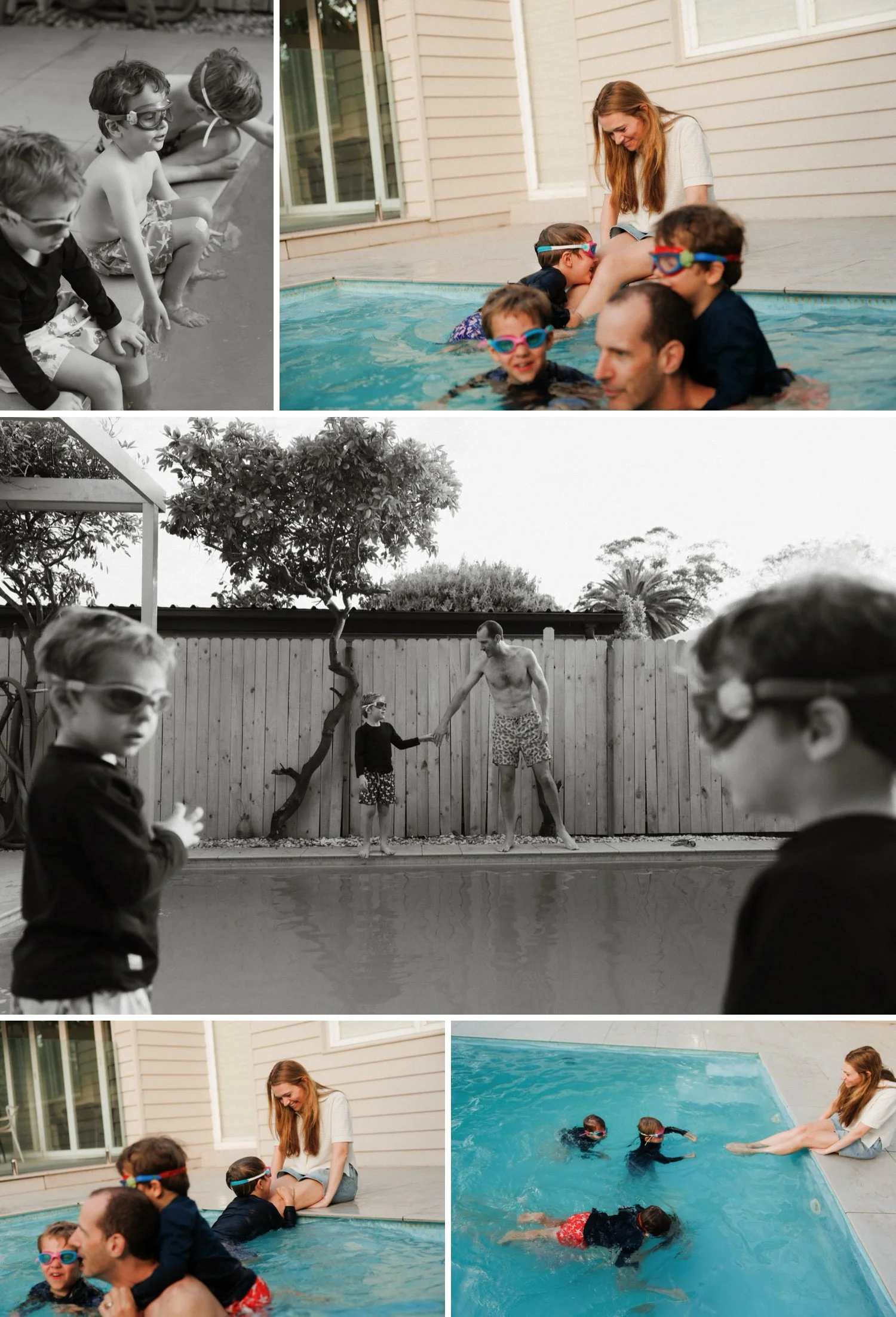 Children playing and swimming with their parents in the backyard pool during a candid Sydney lifestyle photo session.