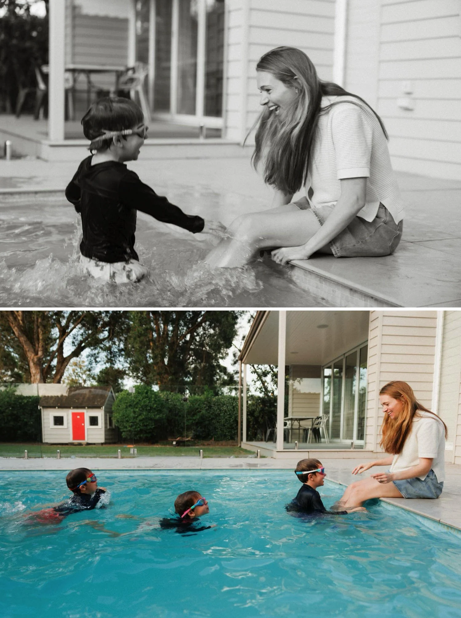 Three young boys swimming in the pool at home while mum sits nearby, during a relaxed lifestyle session in Sydney.
