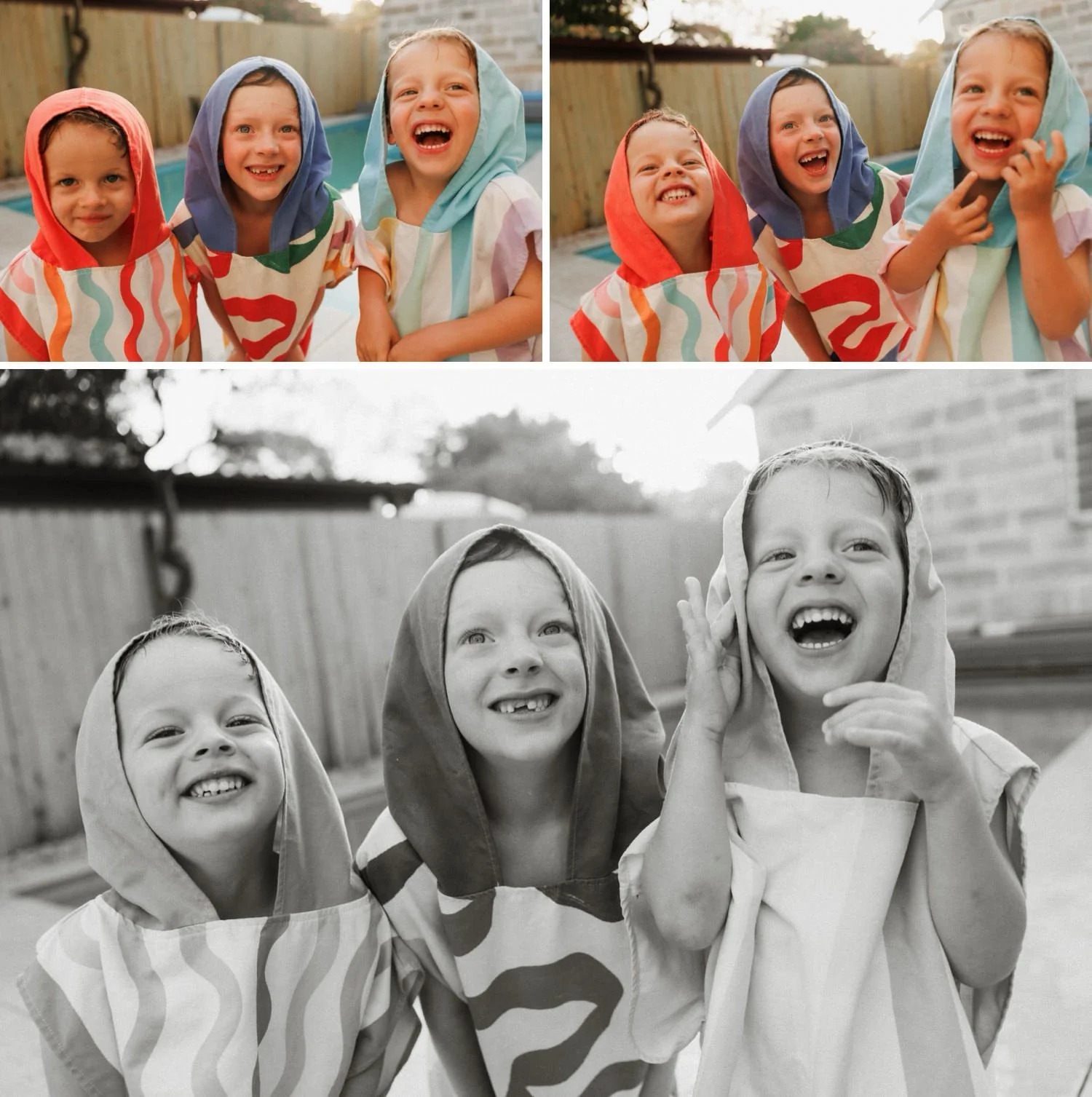 Three brothers wrapped in colourful hooded towels laughing together after swimming during a Sydney family photo session.