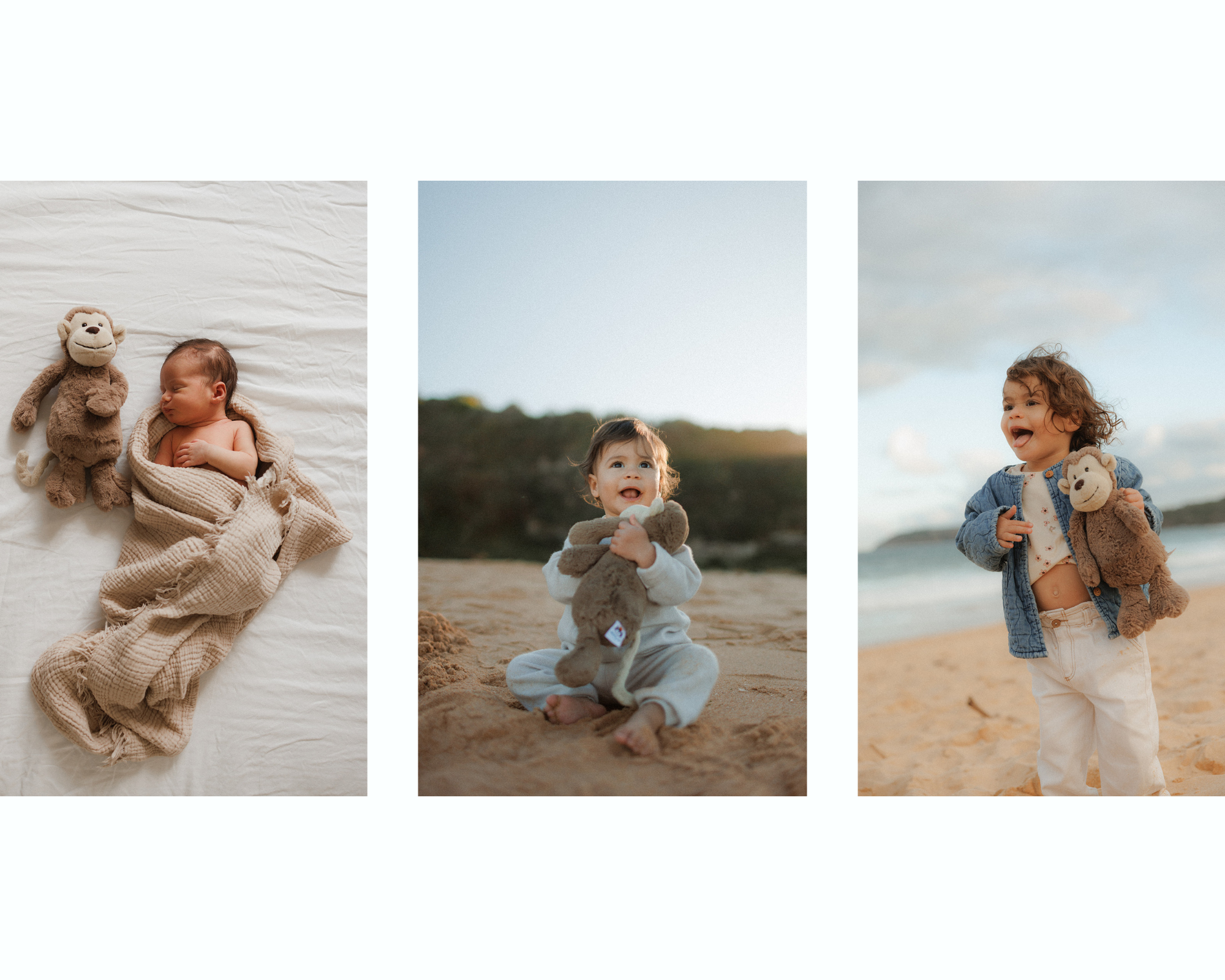 Child at different ages with same teddy bear