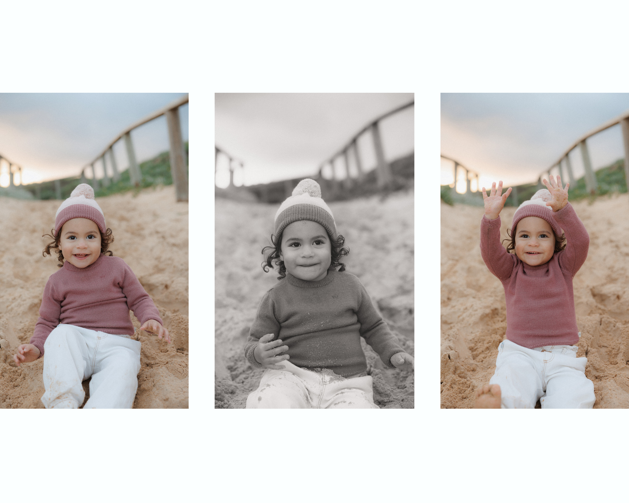 Three similar images of toddler girl sitting on the sand at the beach