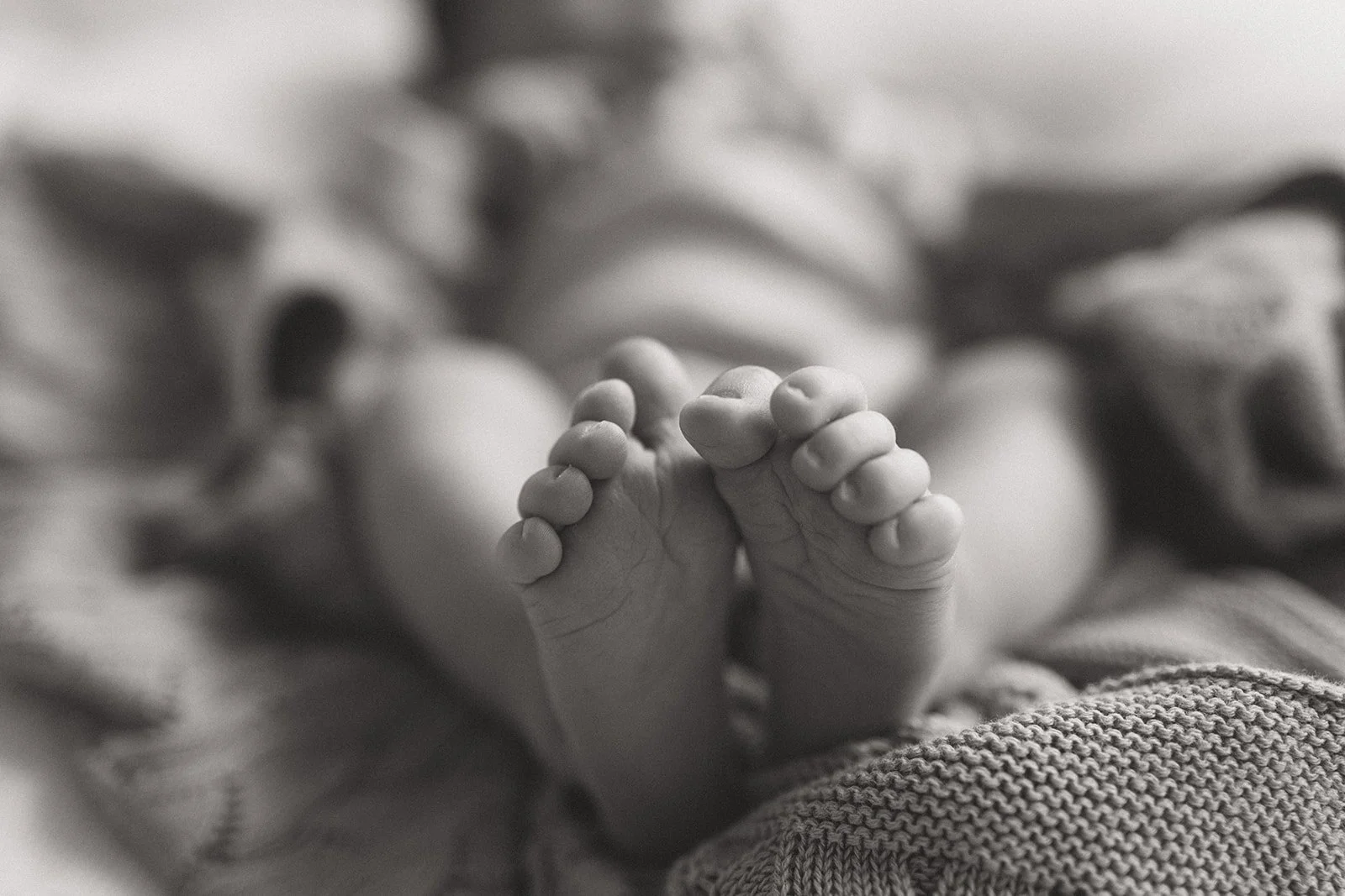 Black and white image of baby's feet