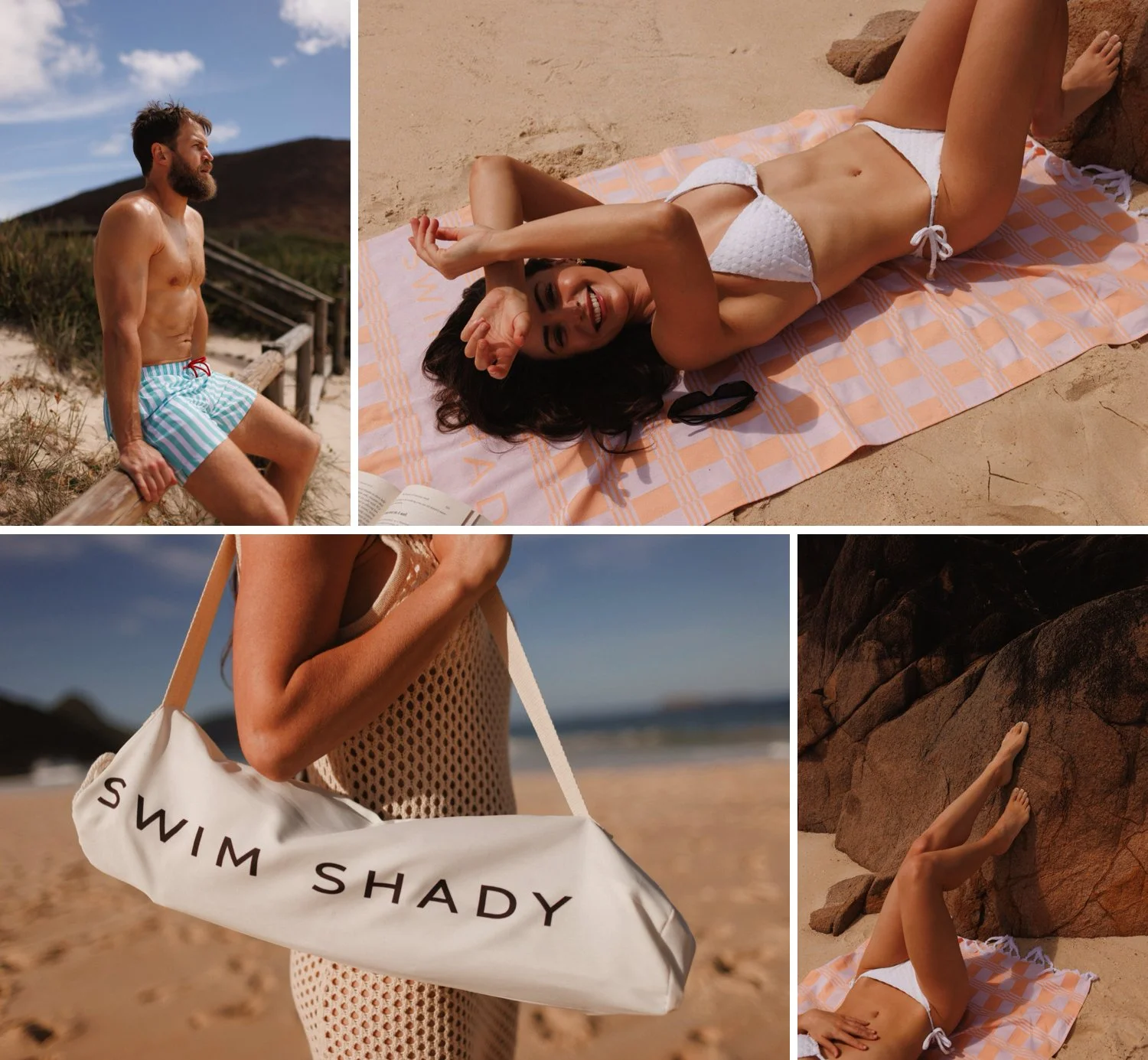 Beach lifestyle photos featuring a man in swim shorts, a woman sunbathing in a bikini, a beach bag with “Swim Shady” branding, and relaxed shots by the rocks.