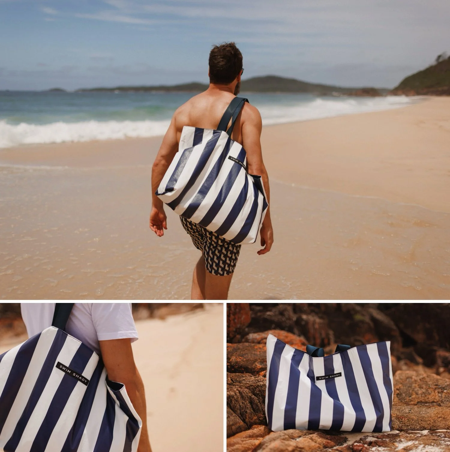 Large navy and white striped beach bag with shoulder straps, shown carried by a man on the sand and styled on rocks.