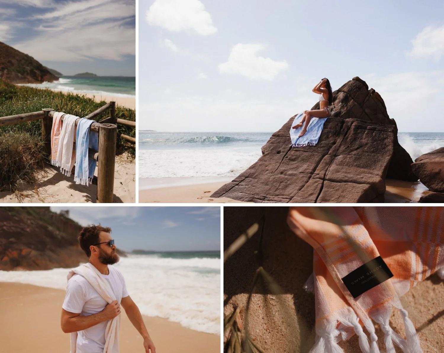 Swim Shady beach towels featured in coastal lifestyle scenes — draped on a fence, styled on rocks, carried by a man on the sand, and shown in close-up detail with tassels and logo tag.