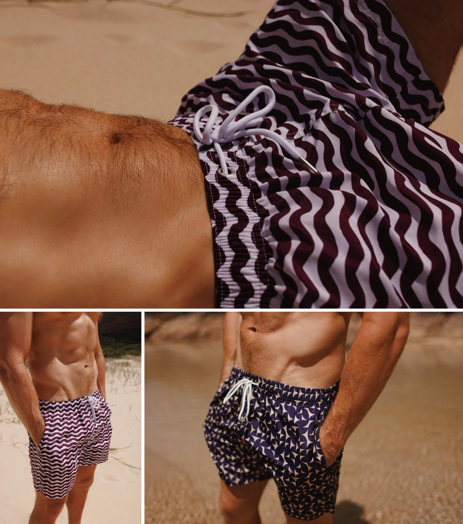 Men’s swim shorts showcased on the beach — burgundy and white wavy print, and navy geometric pattern with drawstring waist.