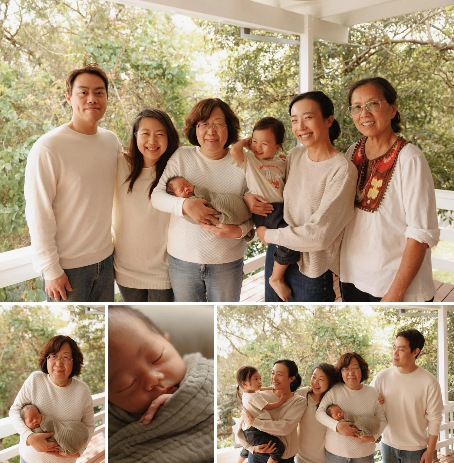 Extended family photography in Sydney — visiting family from Canada meeting their first grandchild, captured in natural, candid lifestyle portraits.