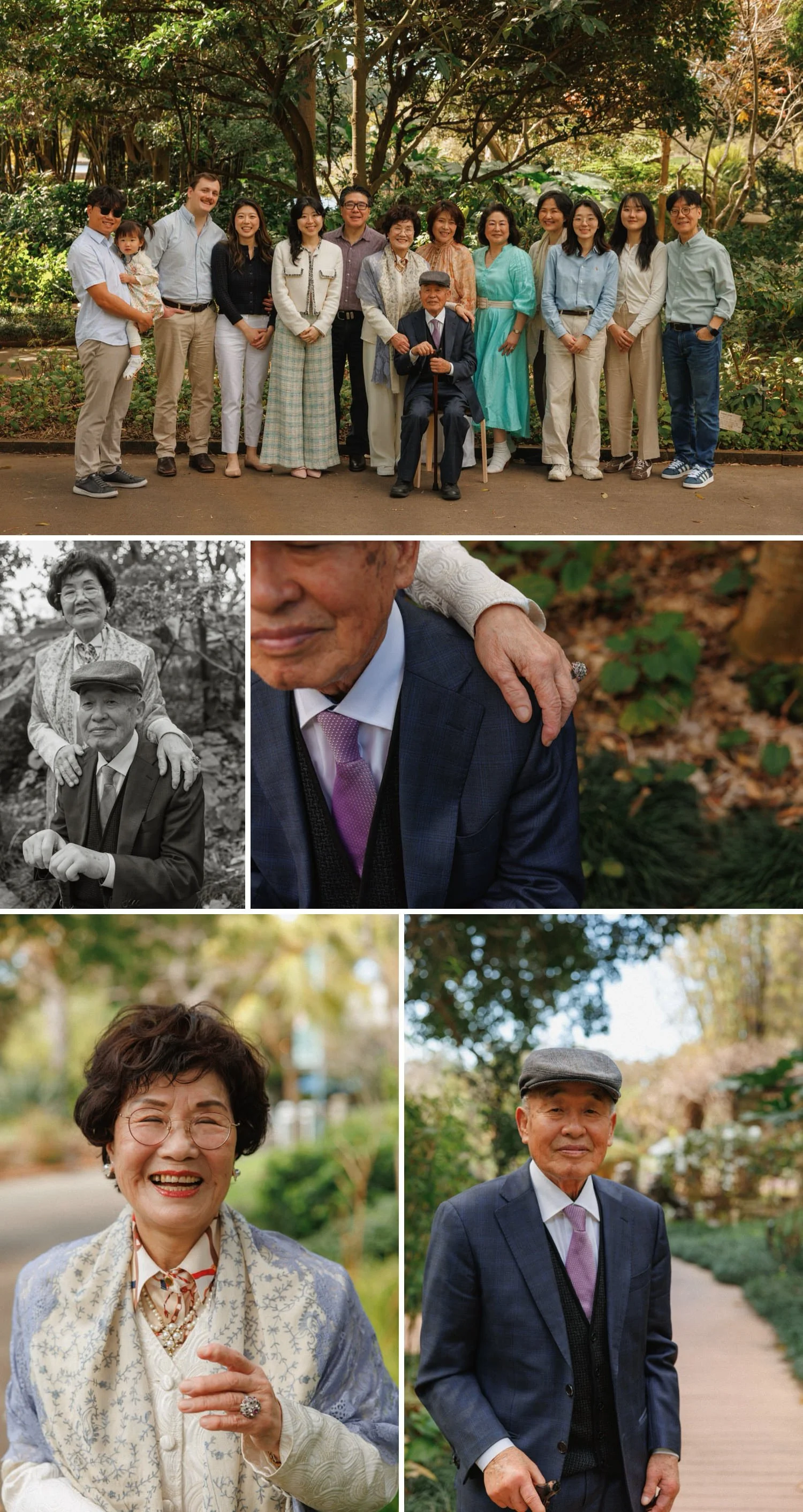 Extended family photography in Sydney celebrating Grandad’s 90th birthday — natural, candid portraits capturing generations together in royal botanical garden setting