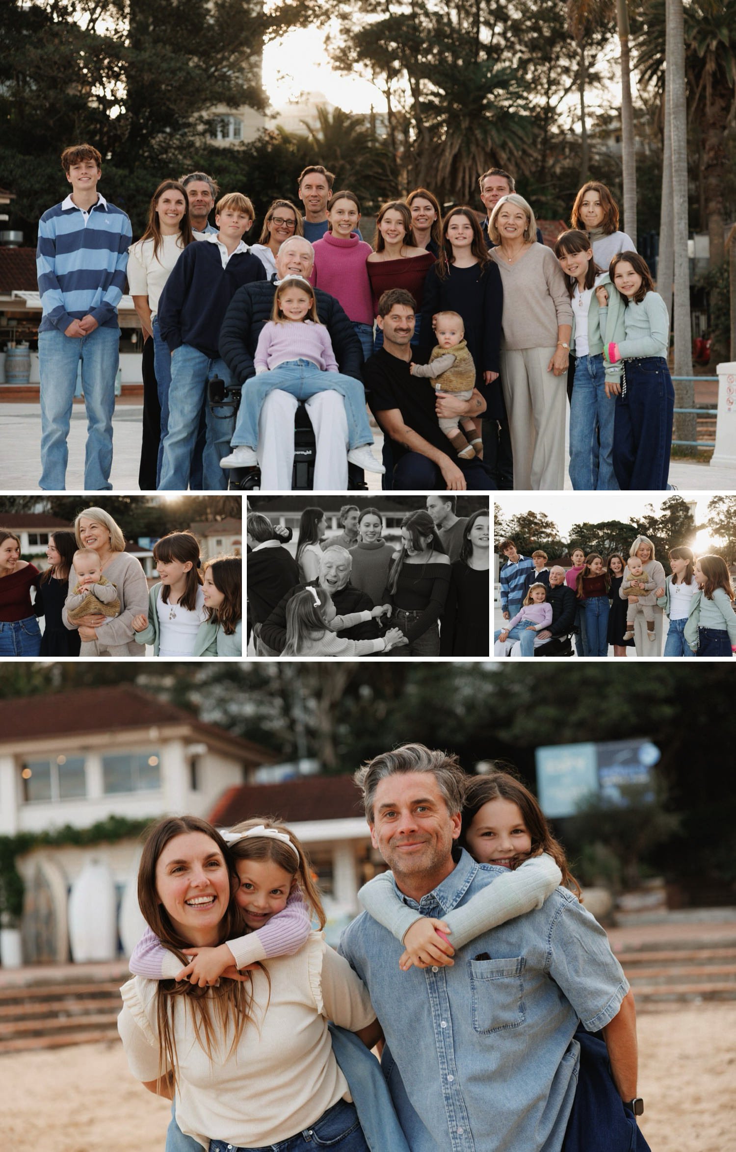 Extended family photography in Sydney — natural, candid portraits of a family reunion with relatives visiting from across Australia, taken after a seaside family lunch.