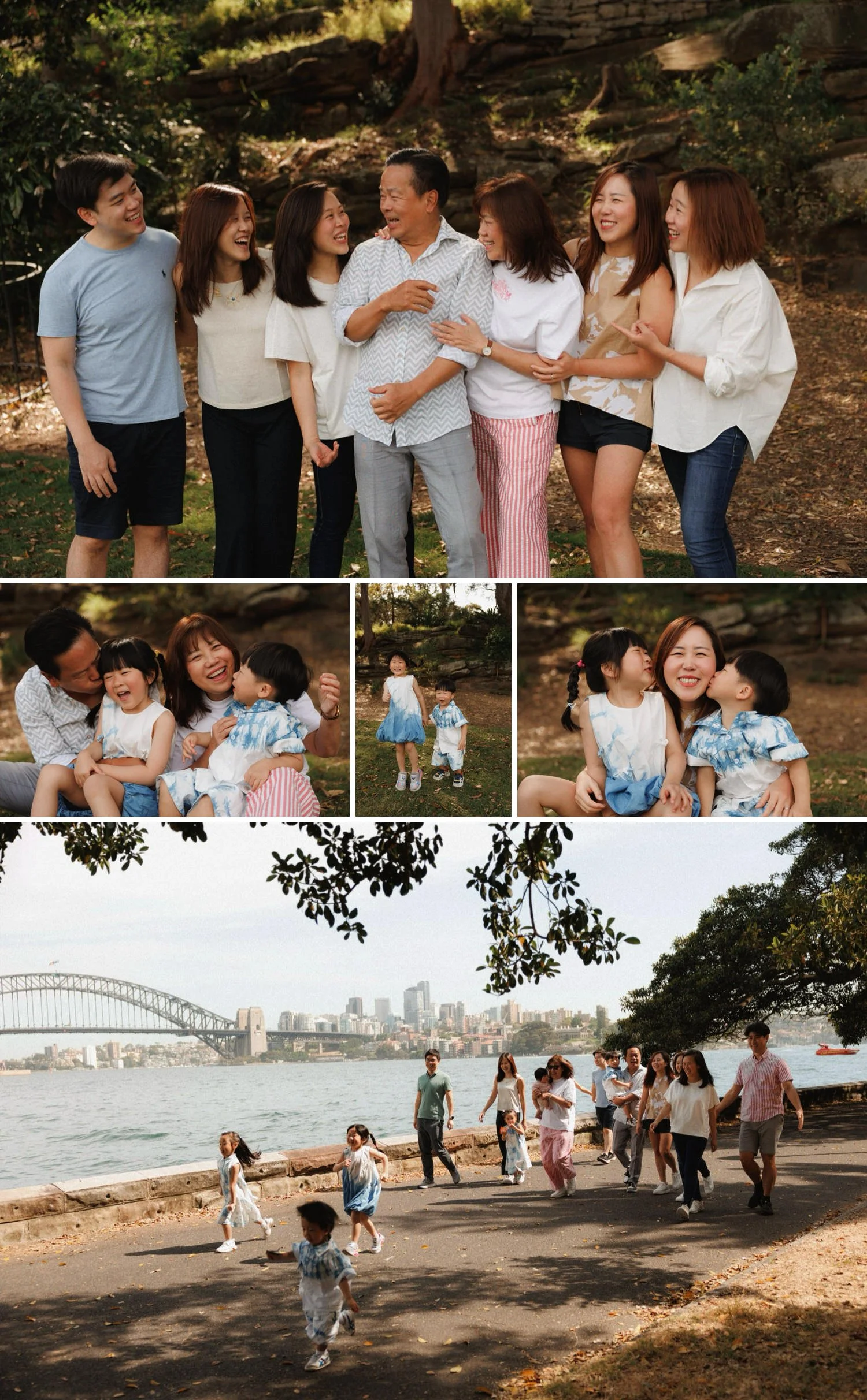 Extended family photography in Sydney — big family visiting from Singapore captured in natural, candid moments by the harbour, with relaxed lifestyle portraits and views of the Sydney skyline