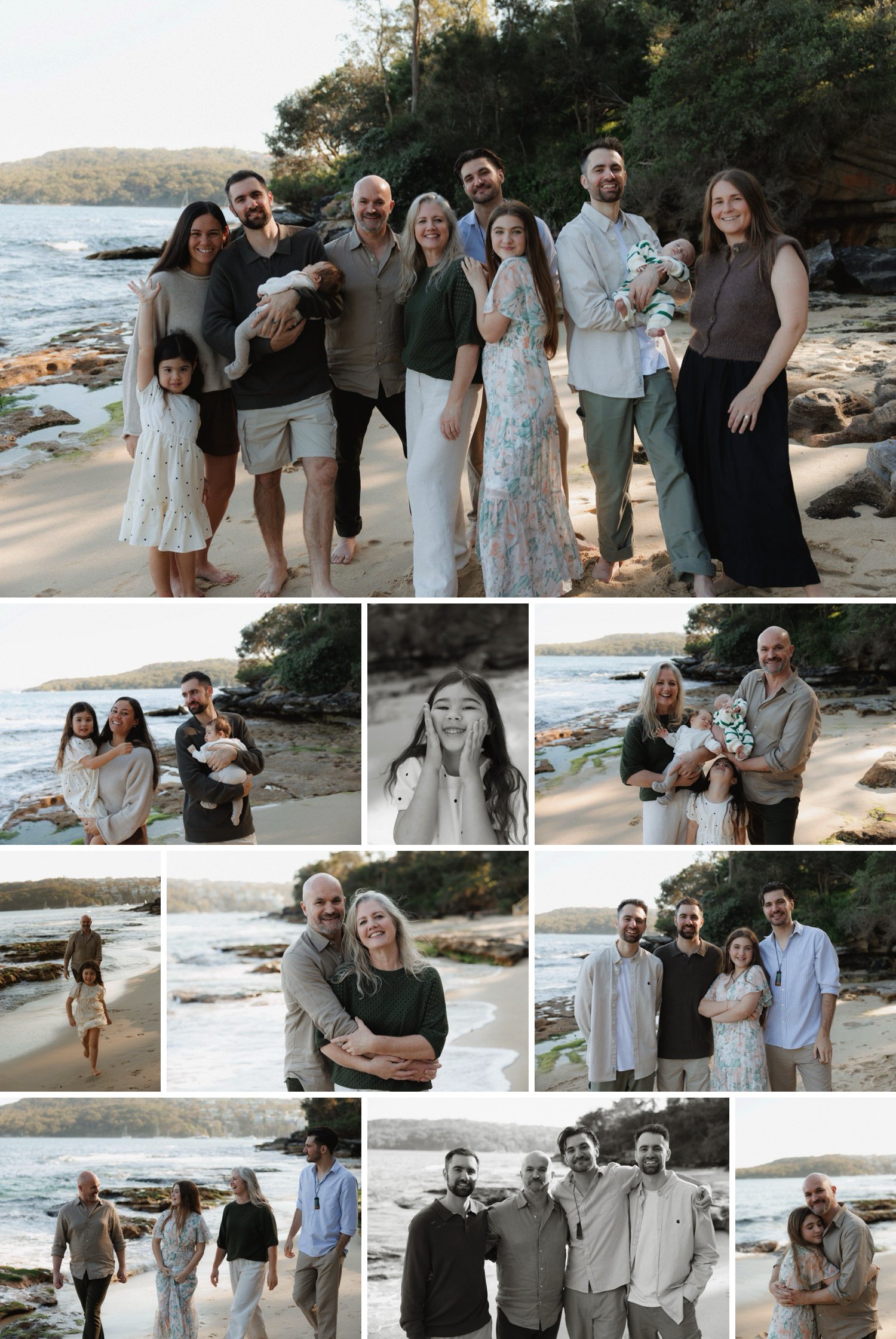 Extended family photography in Sydney — visiting family from New Zealand celebrating their newborn grandchildren with relaxed, candid portraits on the beach.