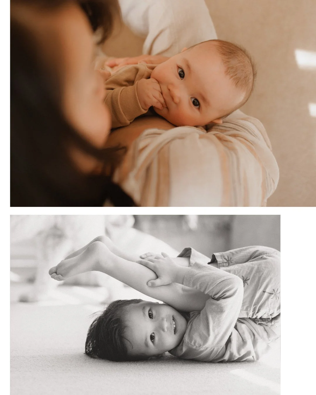 Mother feeding baby and toddler doing role-poly