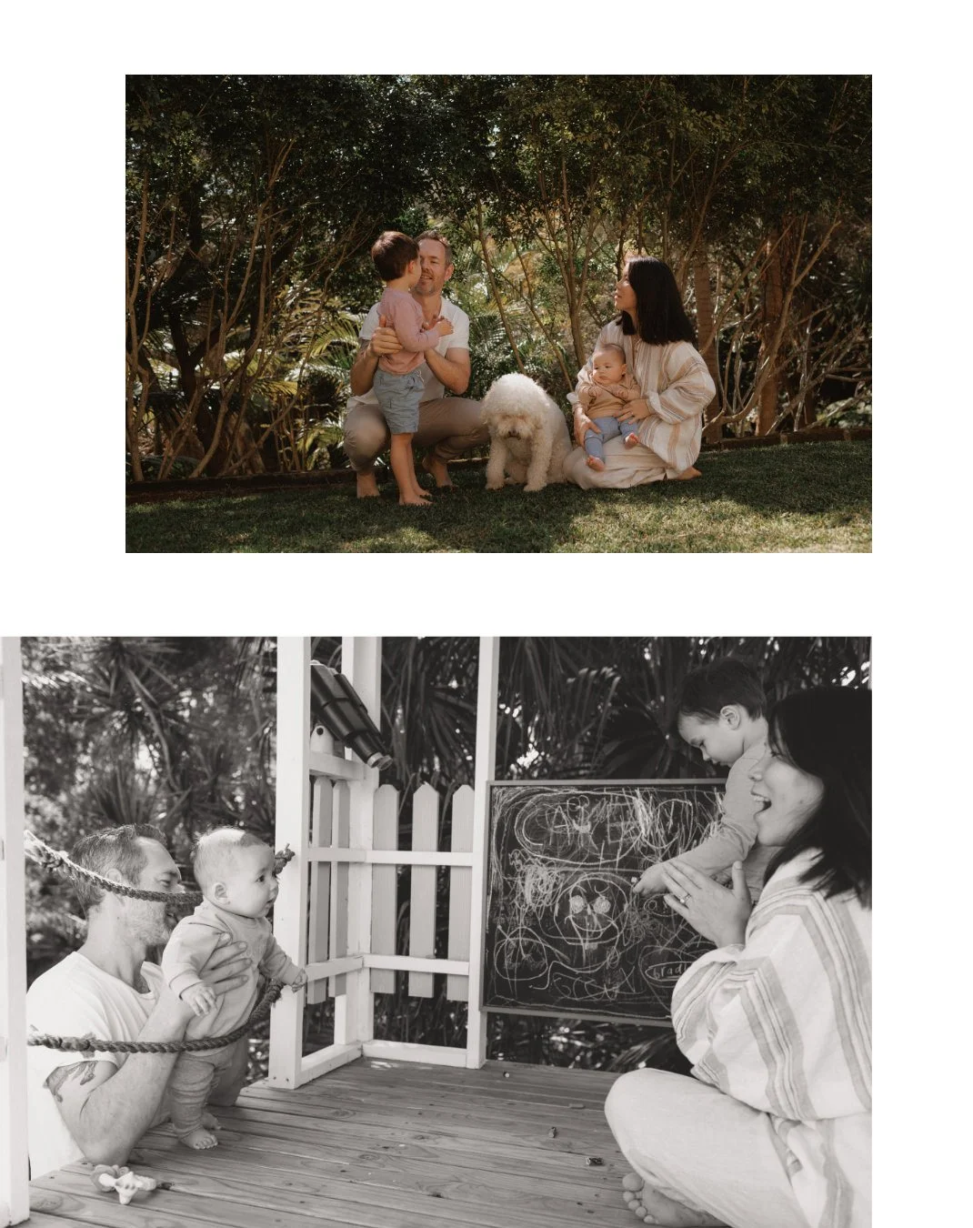 Family with toddler, baby and dog in the garden