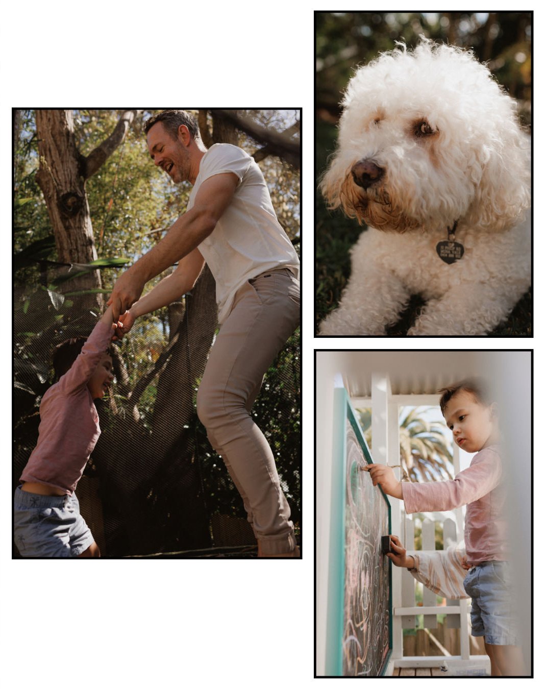 Father playing with toddler and dog outside in garden