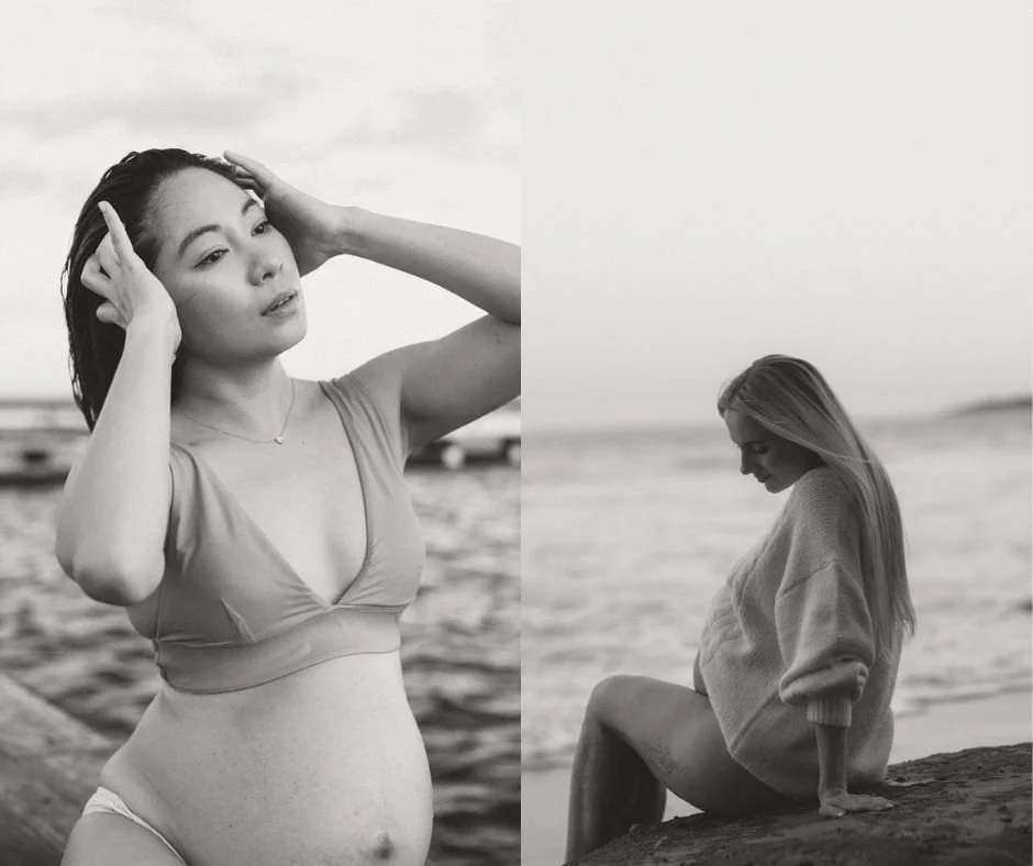 Two long-haired pregnant women sitting at the beach