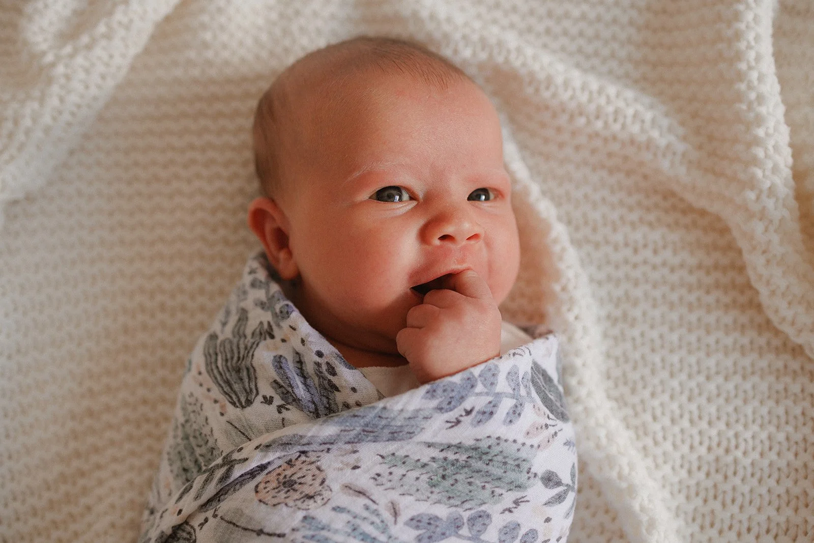 Newborn baby sucking on fingers, lying on bed swaddled