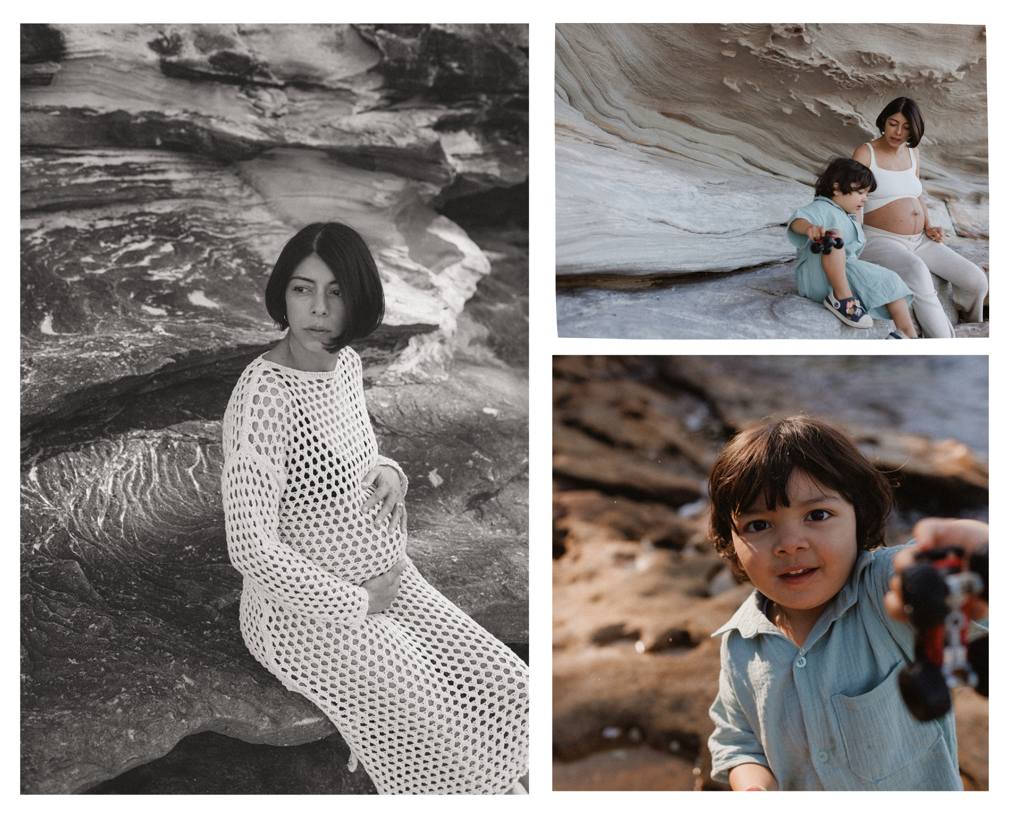 Pregnant woman and toddler son at the beach