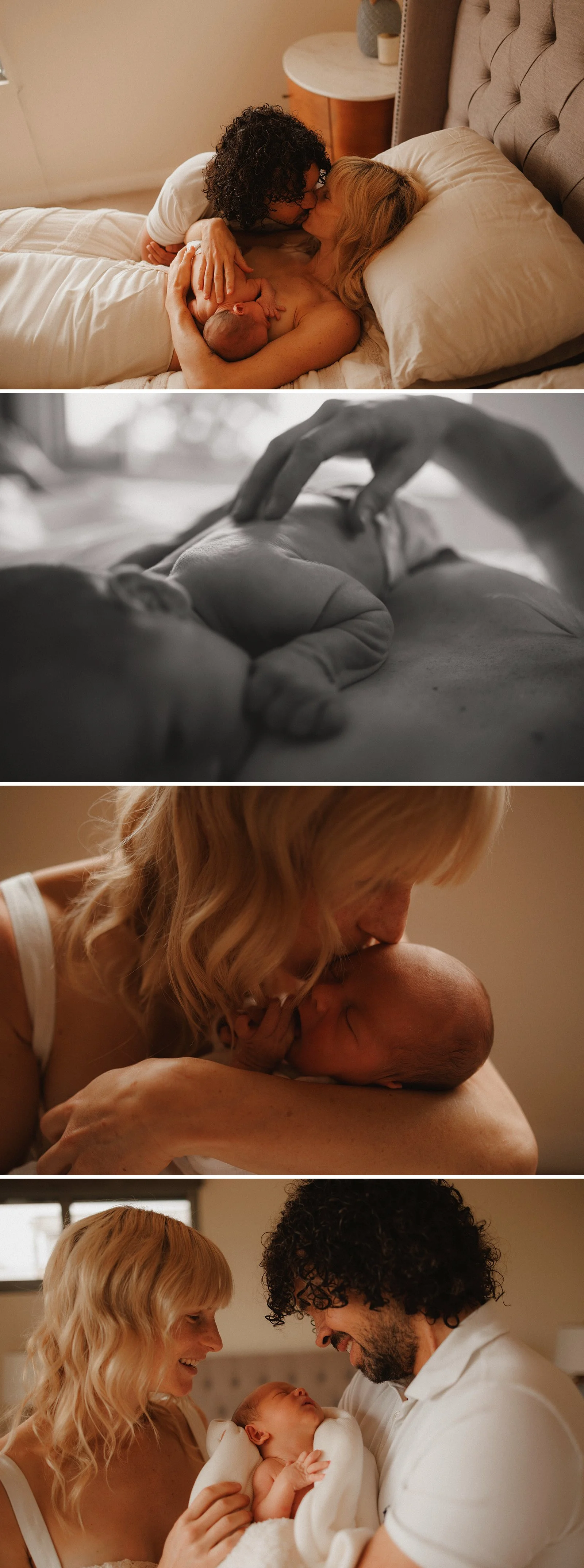 New parents cuddling newborn baby in bedroom