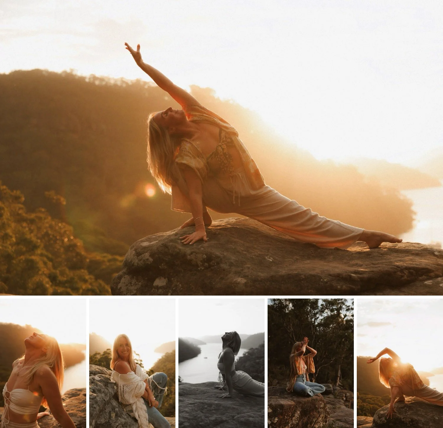 Sydney wellness portrait of a woman doing yoga at sunset on a rocky lookout with golden light, forest and harbour views