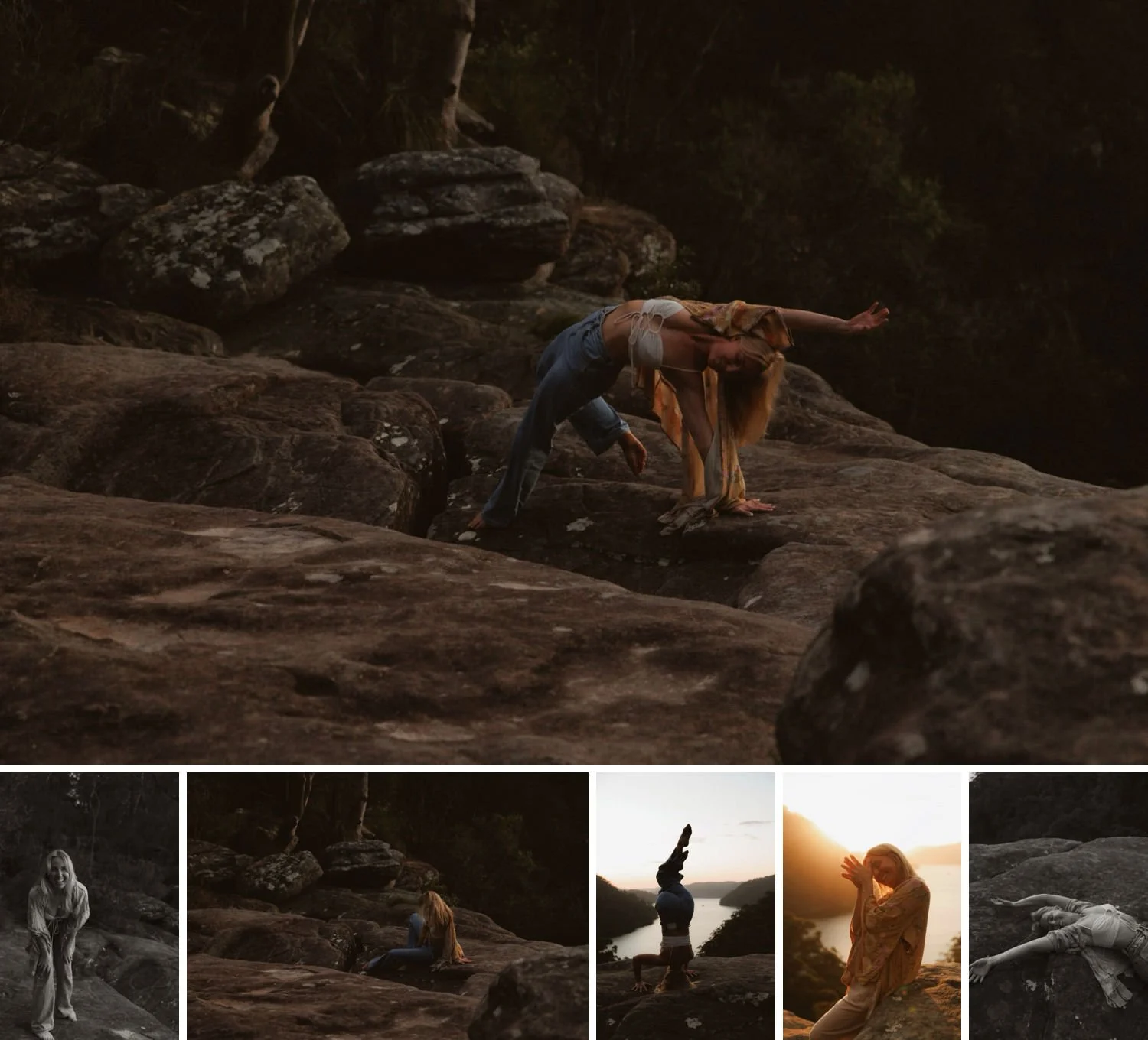 Sydney wellness portrait of a woman practising yoga and mindful movement on rocky cliffs at sunset