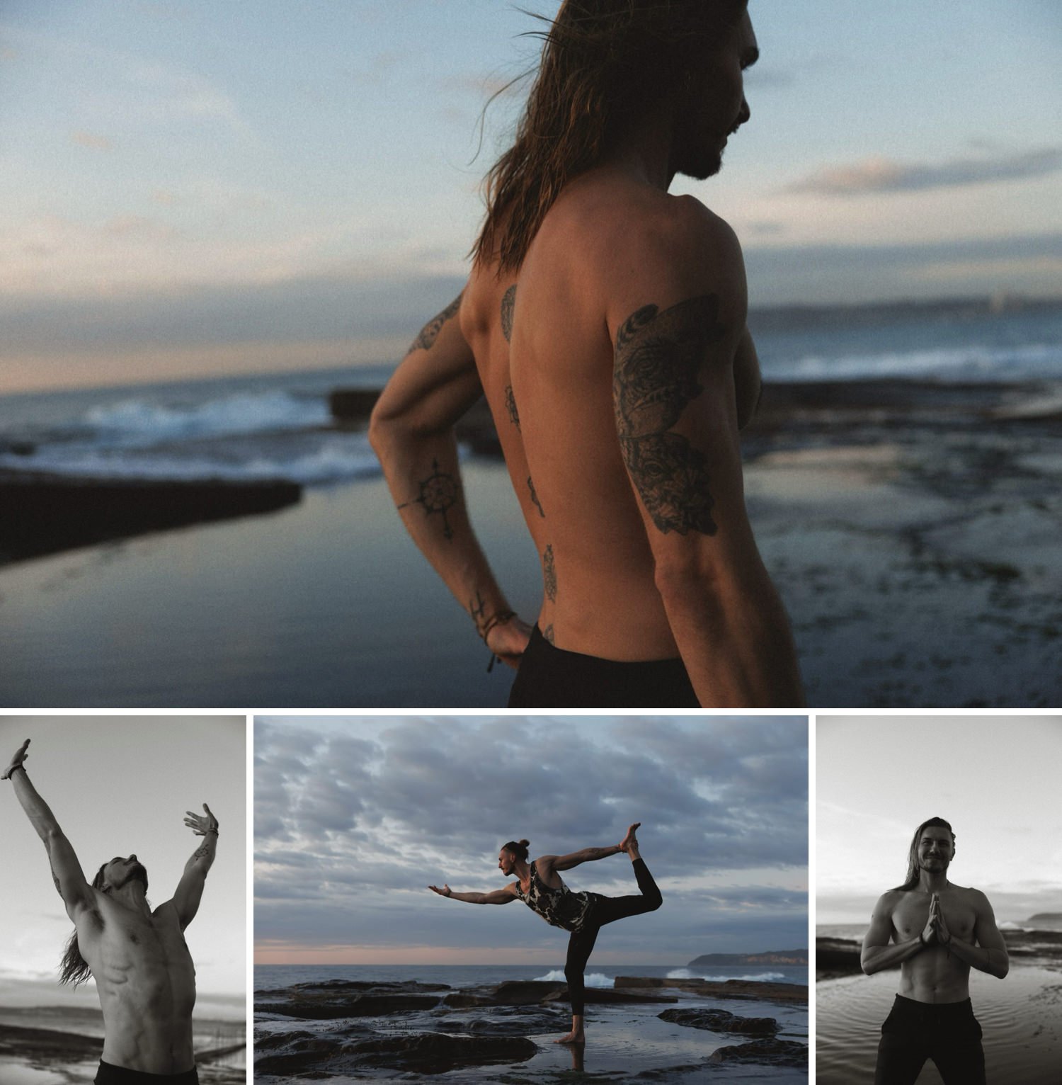 Man practising yoga by the ocean at sunrise, showing mindful movement and strength on the rocky shoreline.