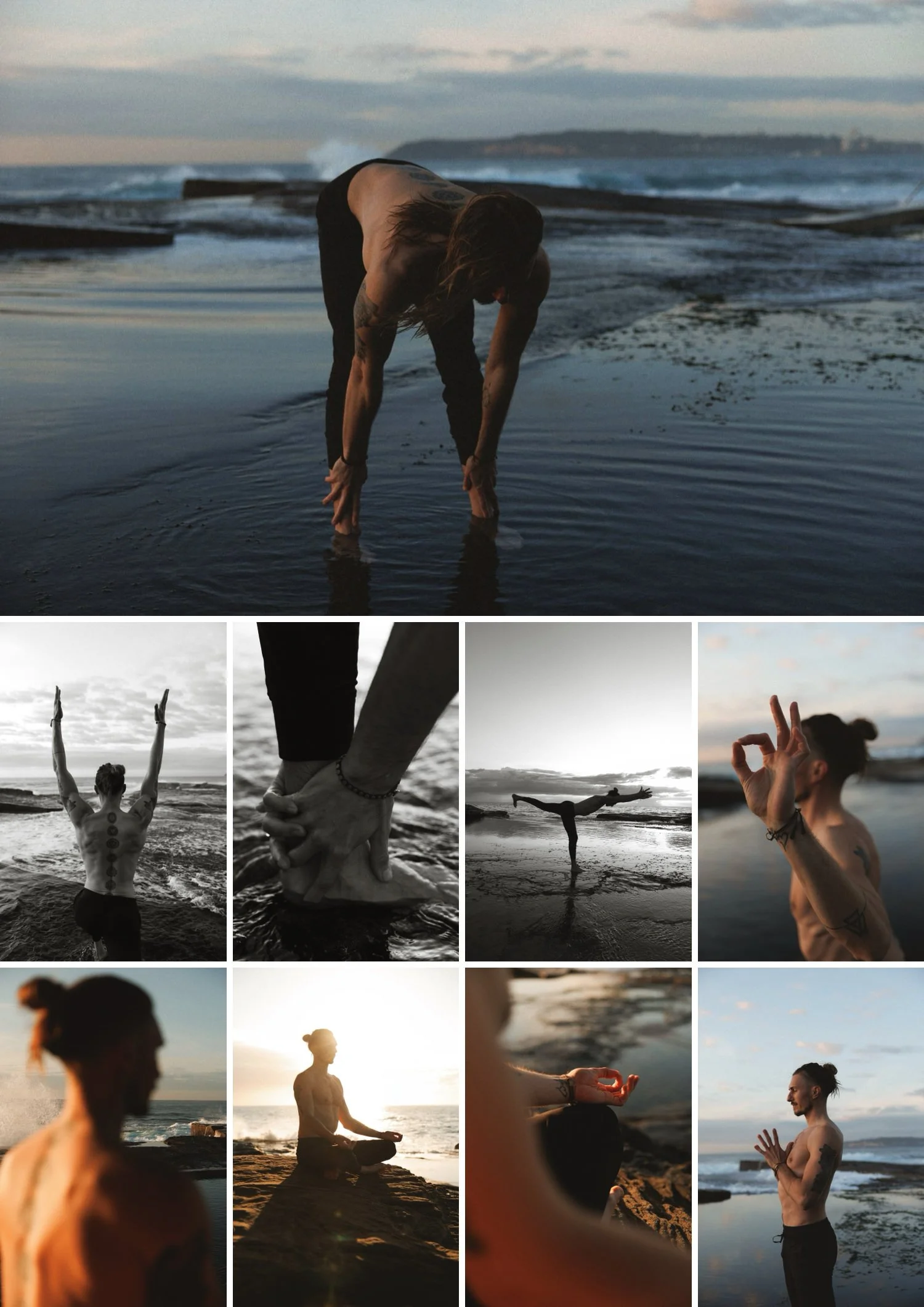 Man practising yoga and meditation by the ocean at sunrise, showing mindful movement and grounding on the shoreline
