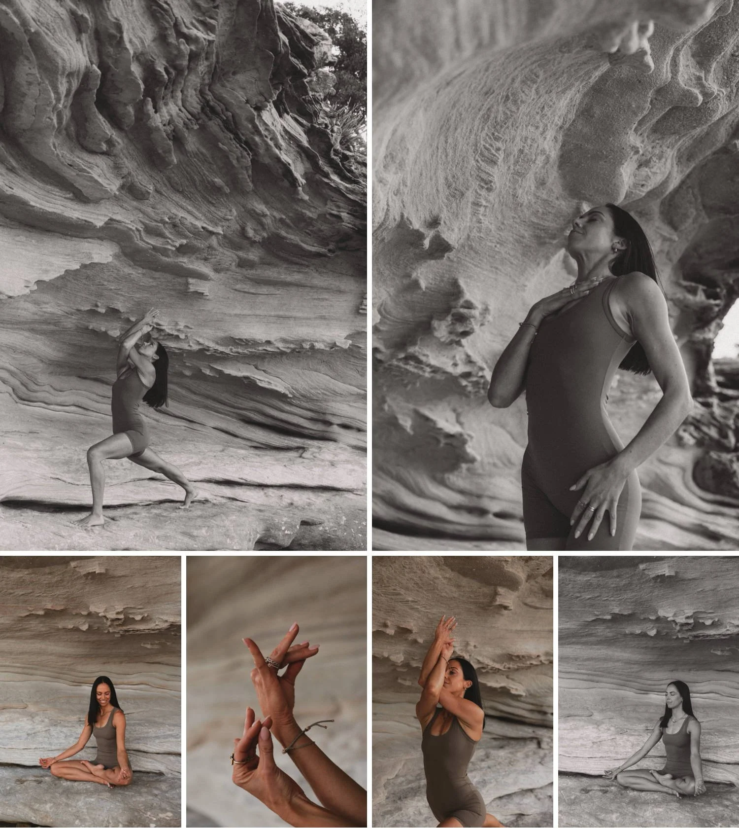 Woman practising yoga and meditation against textured coastal rock formations, captured in calm, mindful poses