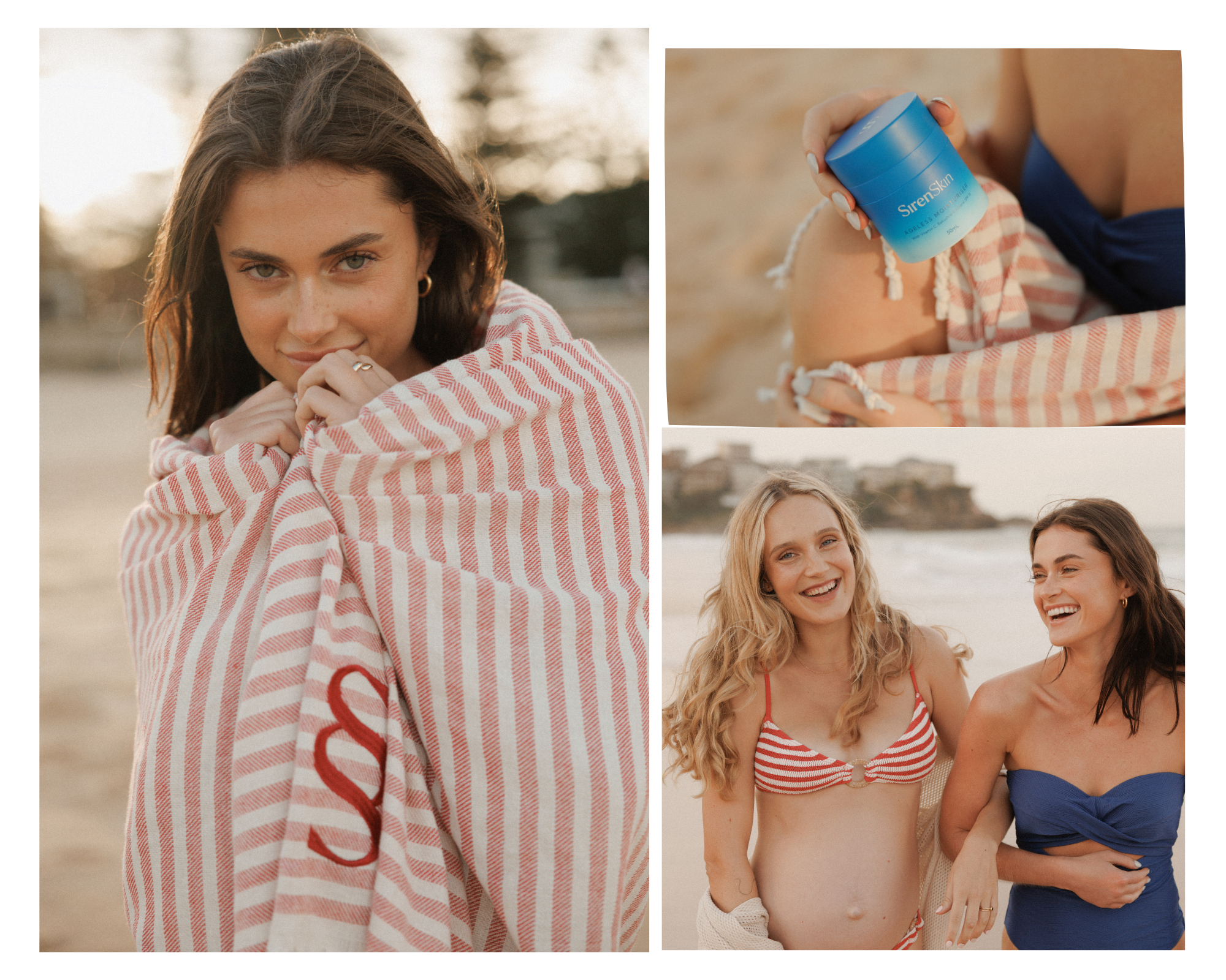 Collage of two women on beach using Siren Skin skincare products