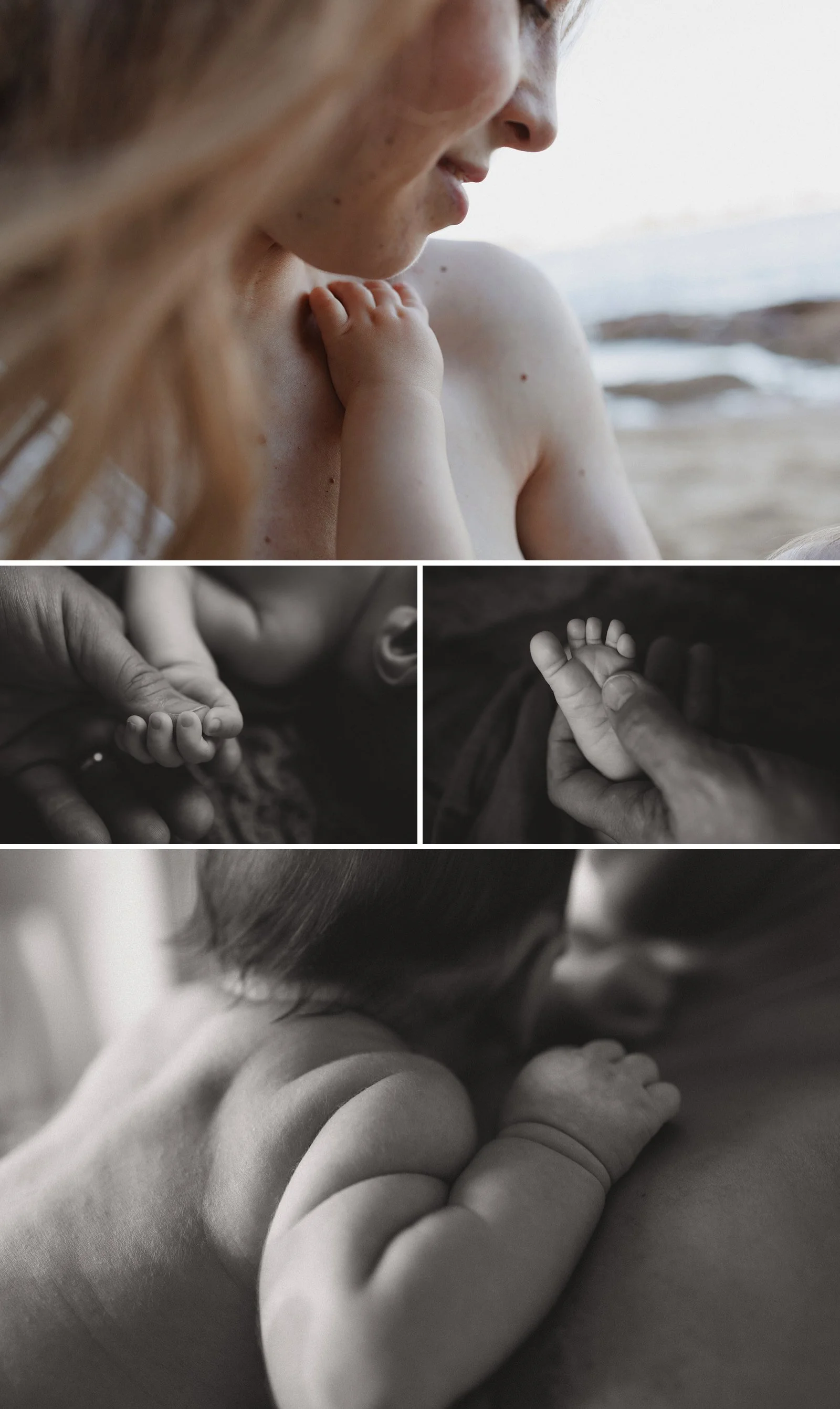 Collage of mum with baby, dad holding baby's feet and hands, and baby having a cuddle. Black and white and colour photos