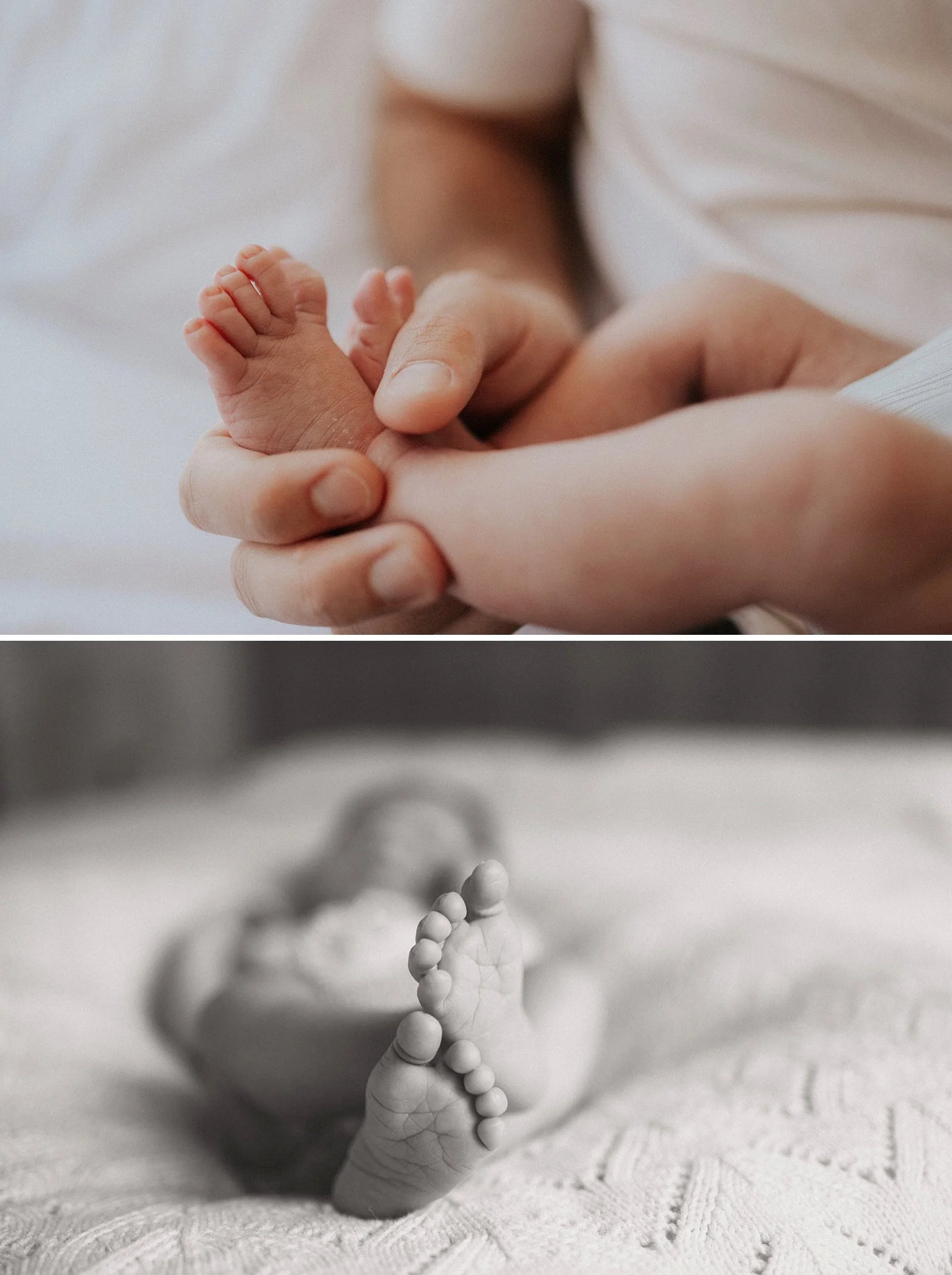 Baby having a relaxing massage with dad and lying on knitted blanket
