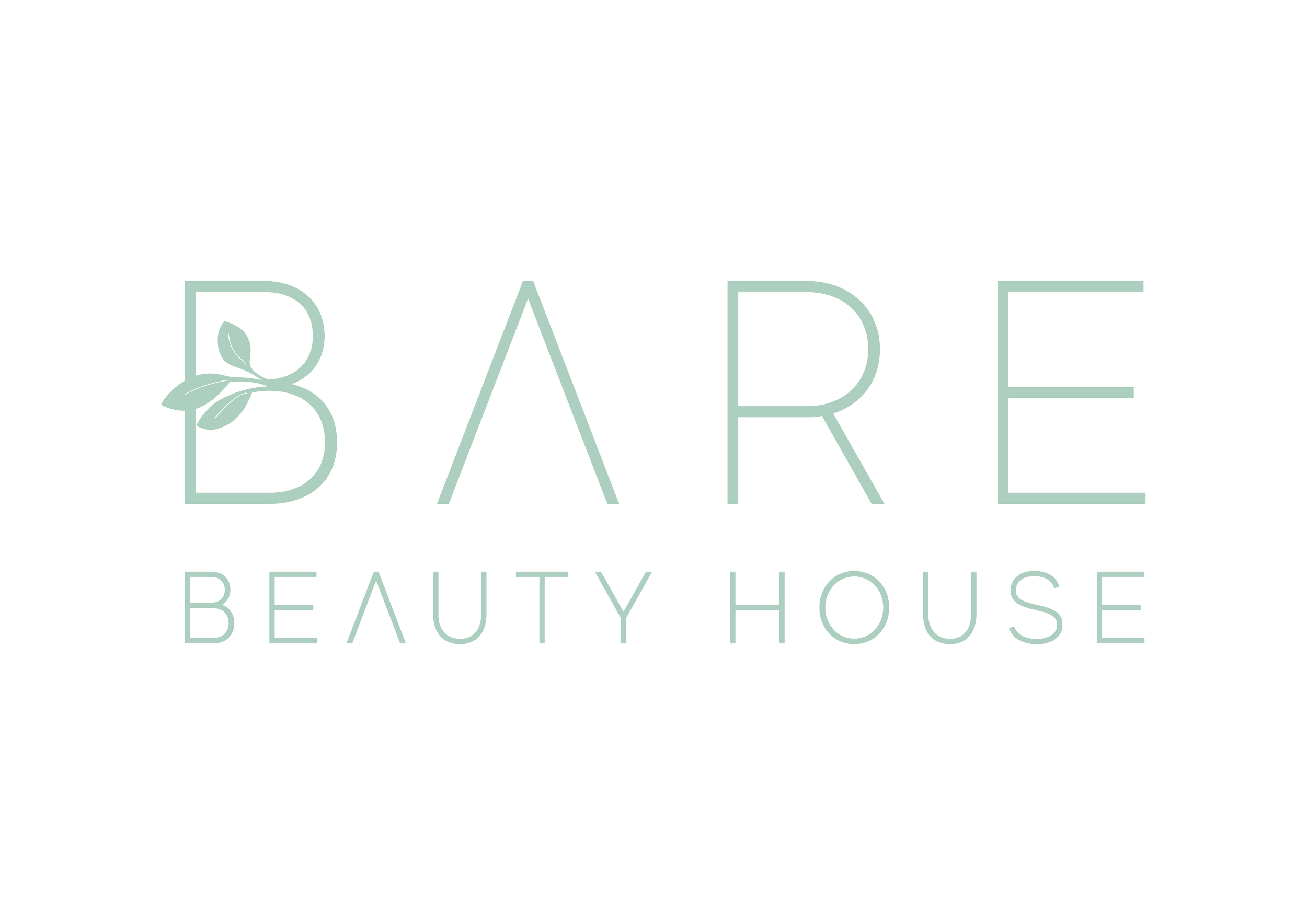 Logo for BARE Beauty House with a minimalistic font and a small leaf graphic on the letter B.