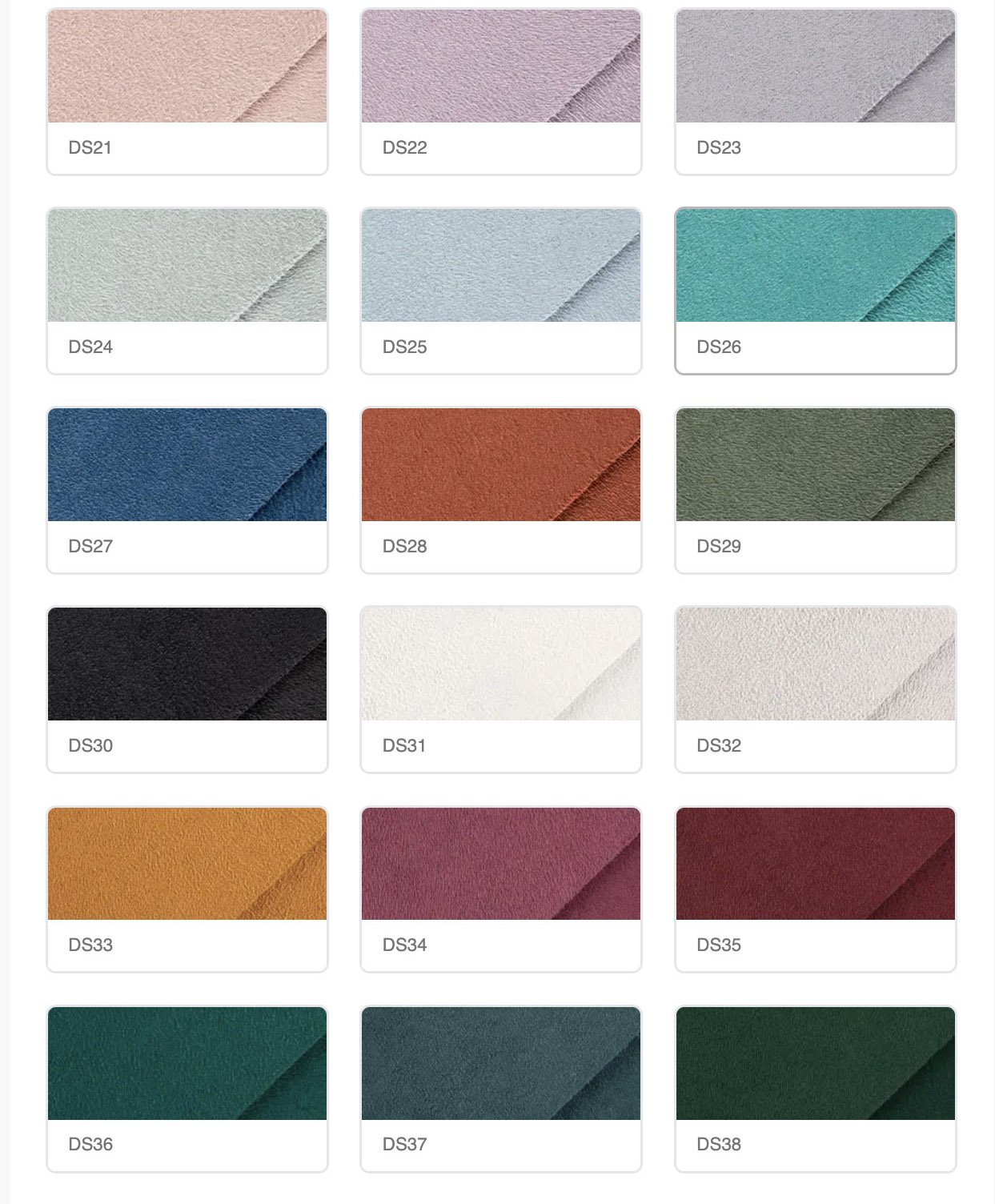 Color swatch palette with multiple shades including pink, purple, gray, blue, green, black, white, orange, red, and teal, each labeled with a code from DS21 to DS38.