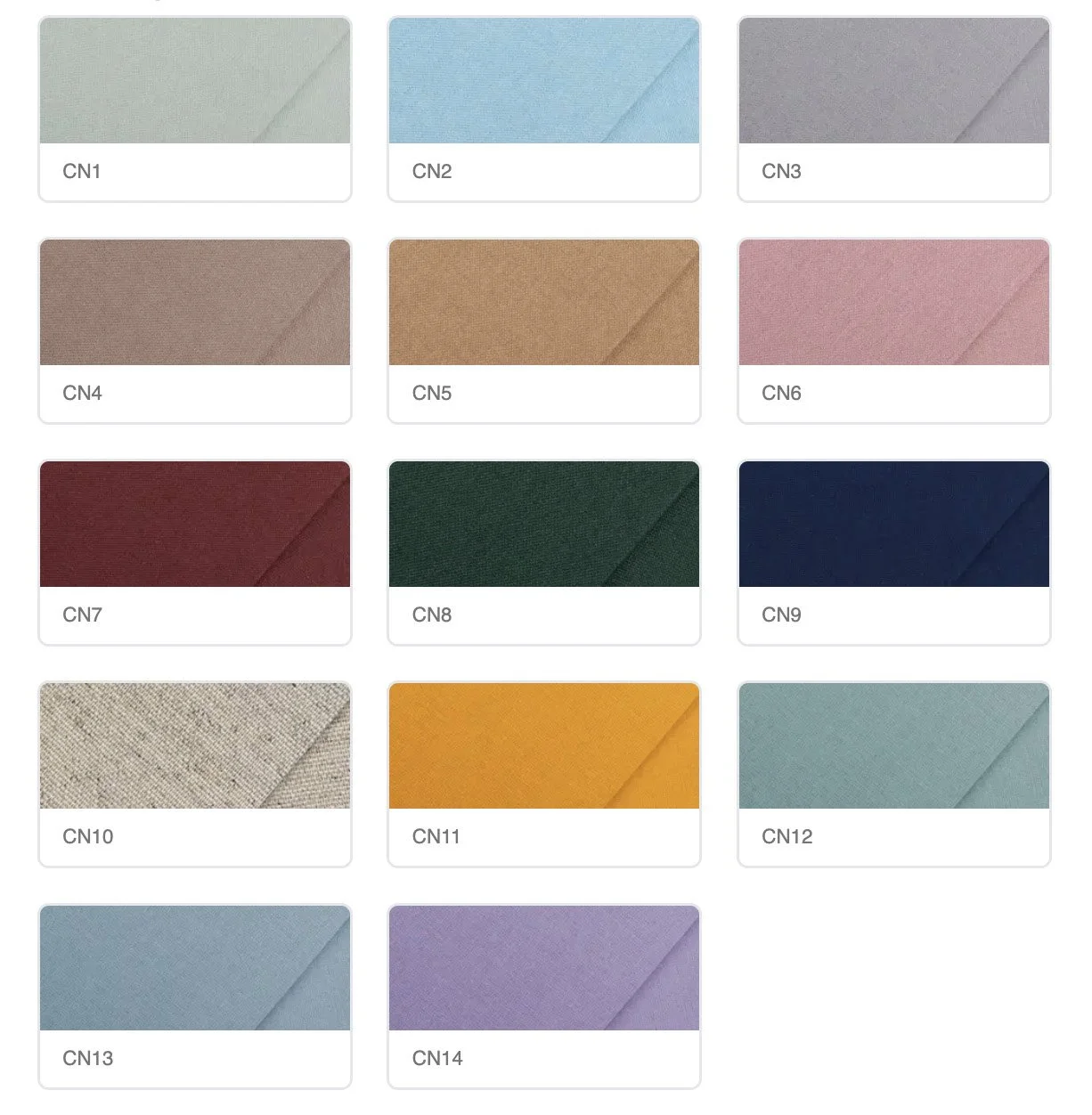 A collection of fabric color samples arranged in a grid, with twelve different colors including light green, blue, gray, pink, red, green, navy, beige, orange, teal, light blue, and lavender.
