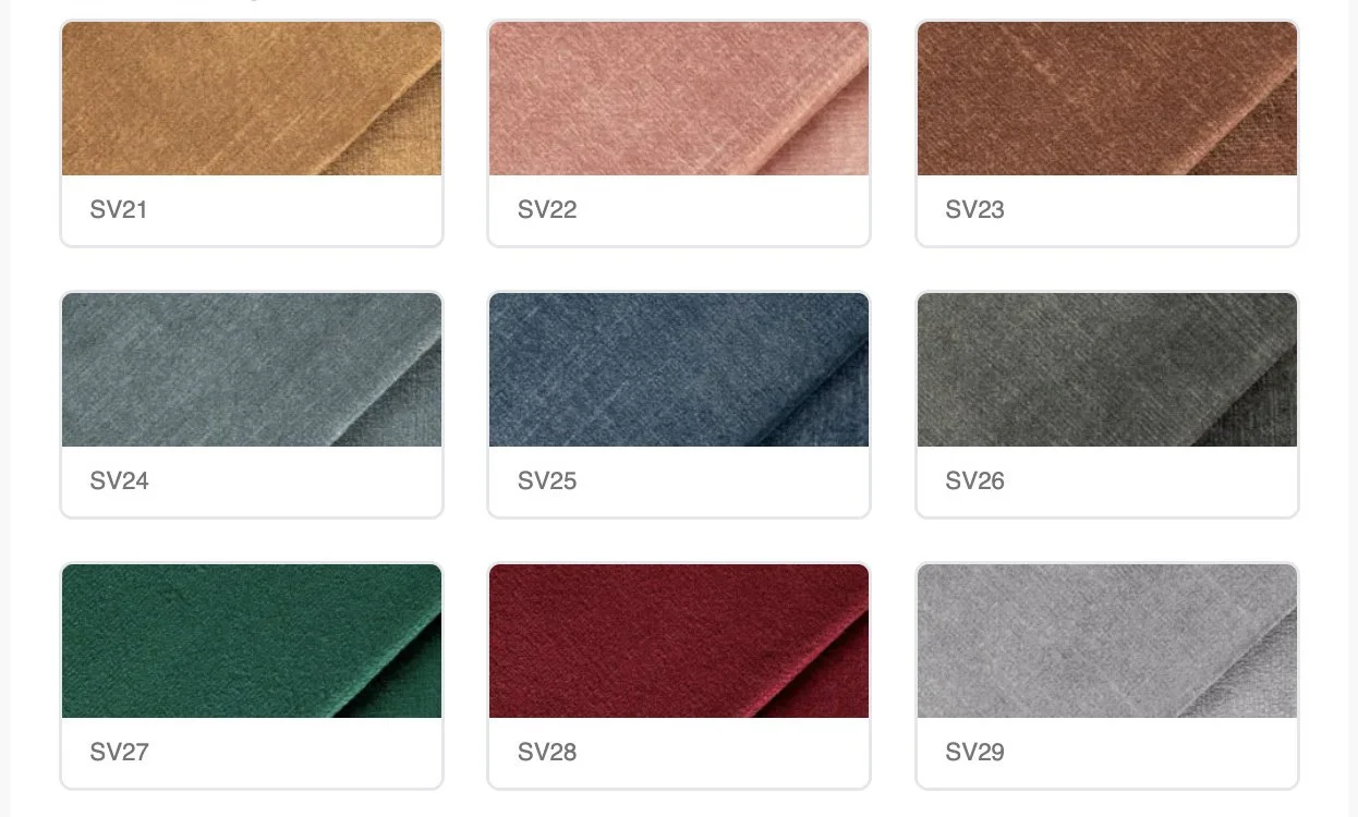 Collection of fabric swatches in various colors, including shades of brown, pink, blue, green, red, and gray, labeled with codes SV21 to SV29.